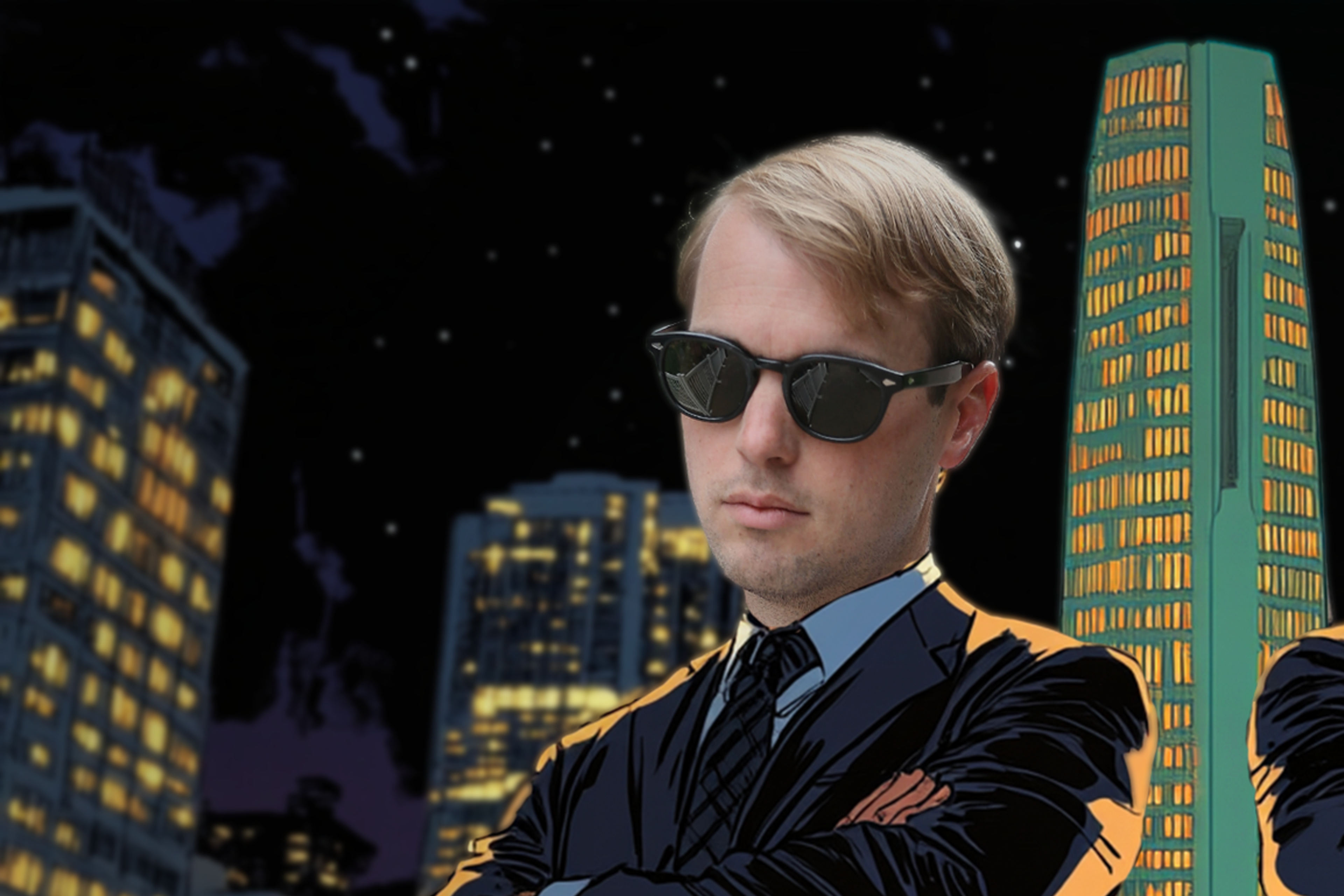 Two men in suits stand confidently with arms crossed on a red carpet, in front of a tall, well-lit building at night, with a city skyline backdrop.