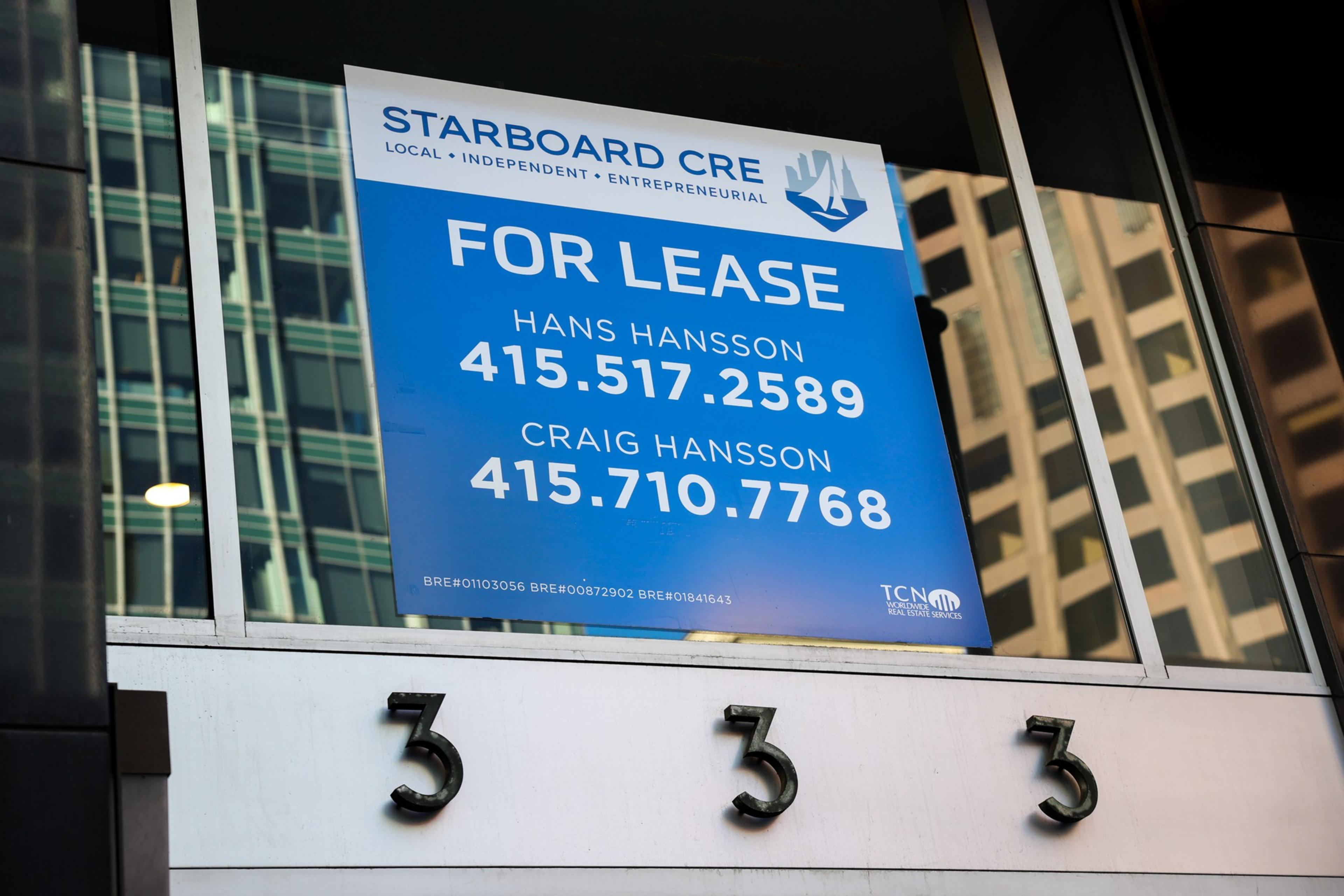 A blue and white "For Lease" sign from Starboard CRE displays contact names Hans Hansson and Craig Hansson with their phone numbers, set above three metal number 3s on a building.