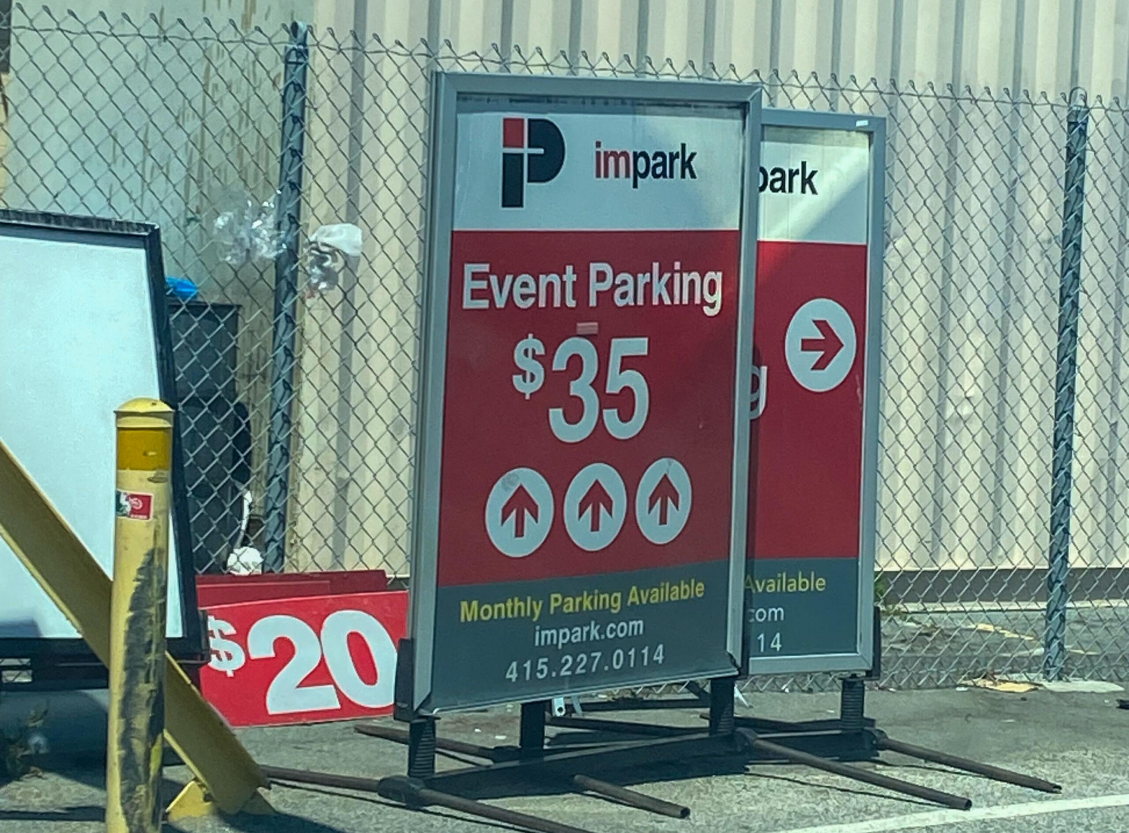 Event parking costs $35, with arrows pointing straight ahead; monthly parking is available through impark.com, phone number 415-227-0114.