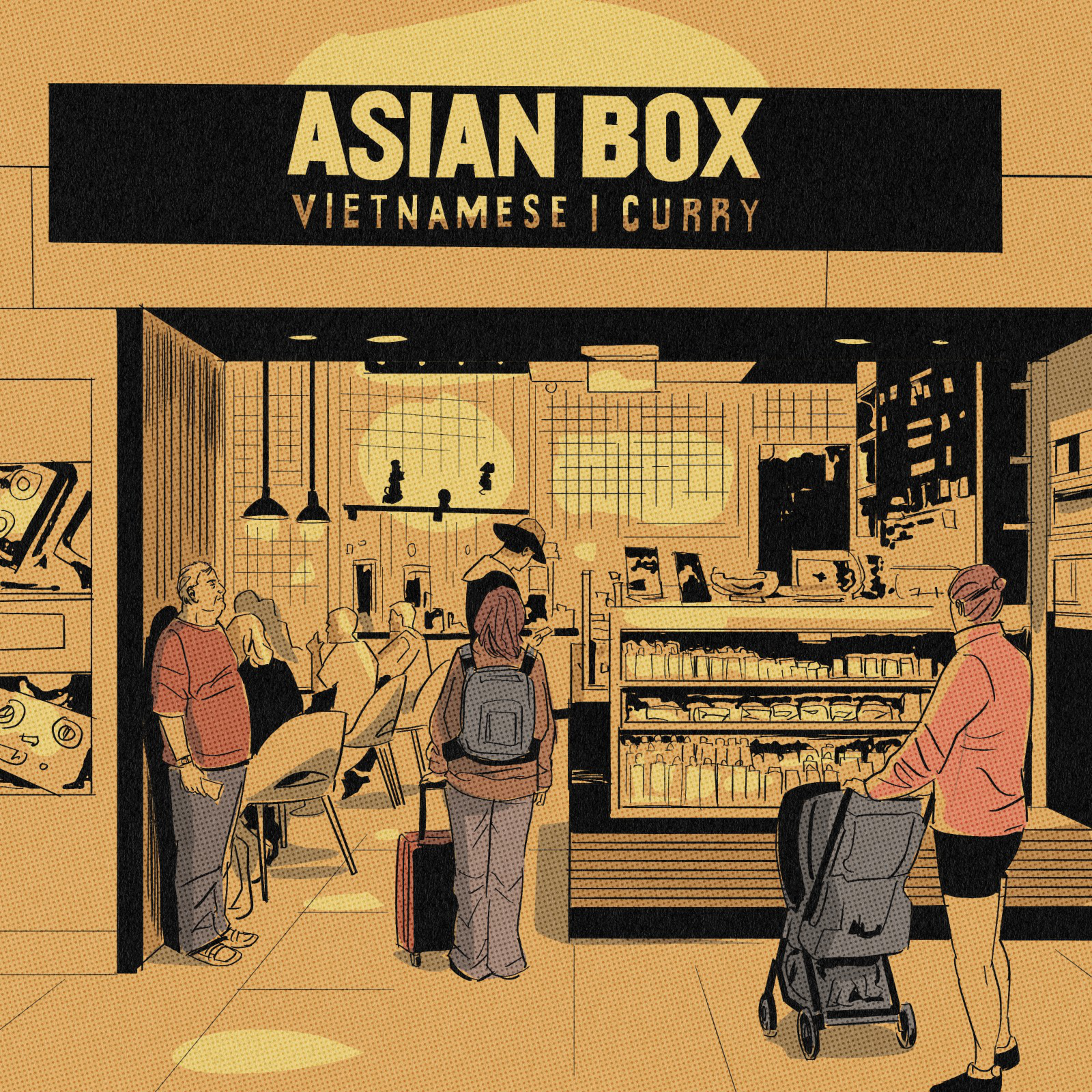 An Asian Box Vietnamese and curry restaurant with people dining inside, a person choosing food at the display, and another pushing a stroller outside.