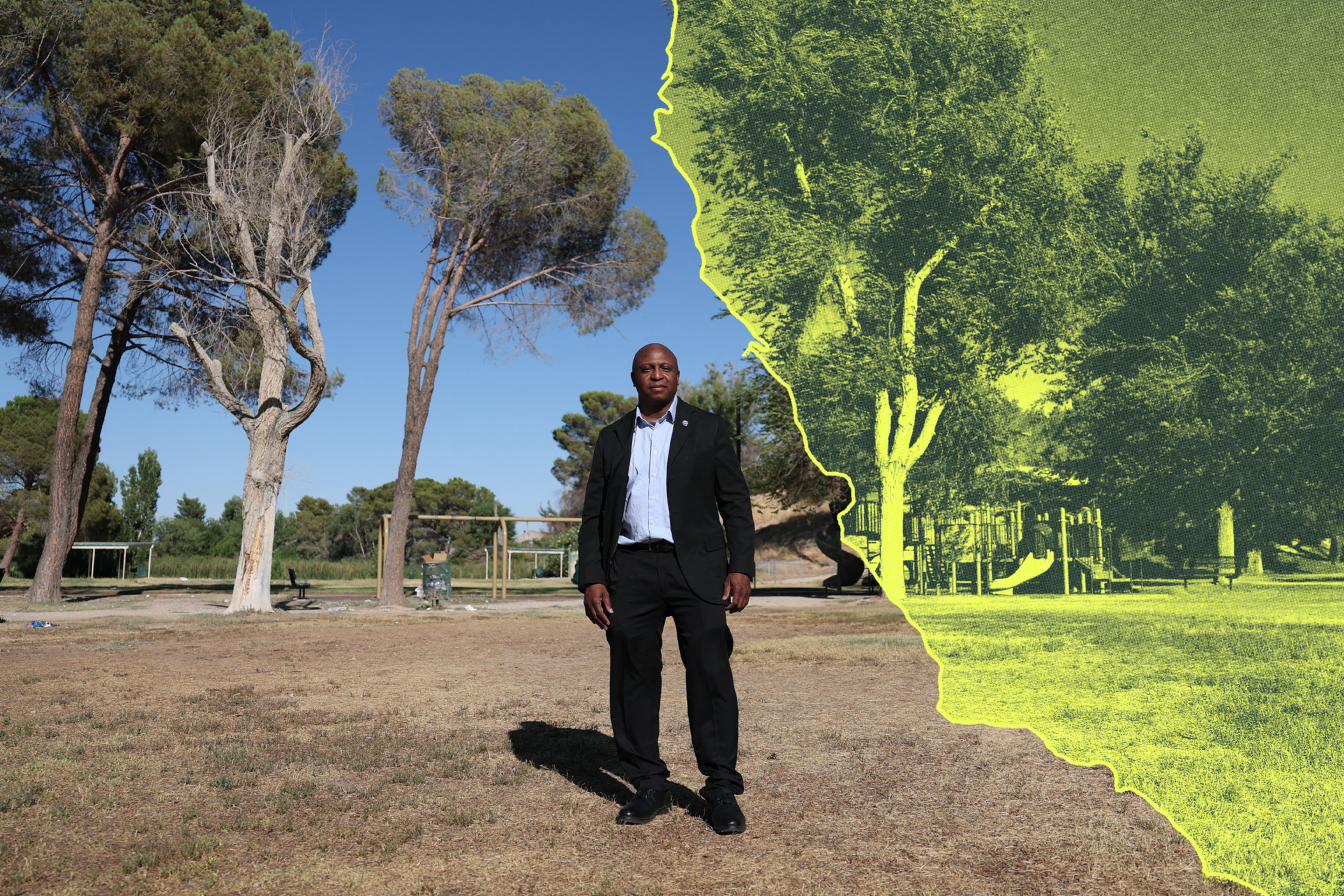 A man in a black suit stands on dry grass with sparse trees and playground equipment in the background, partly obscured by a yellow-green overlay.
