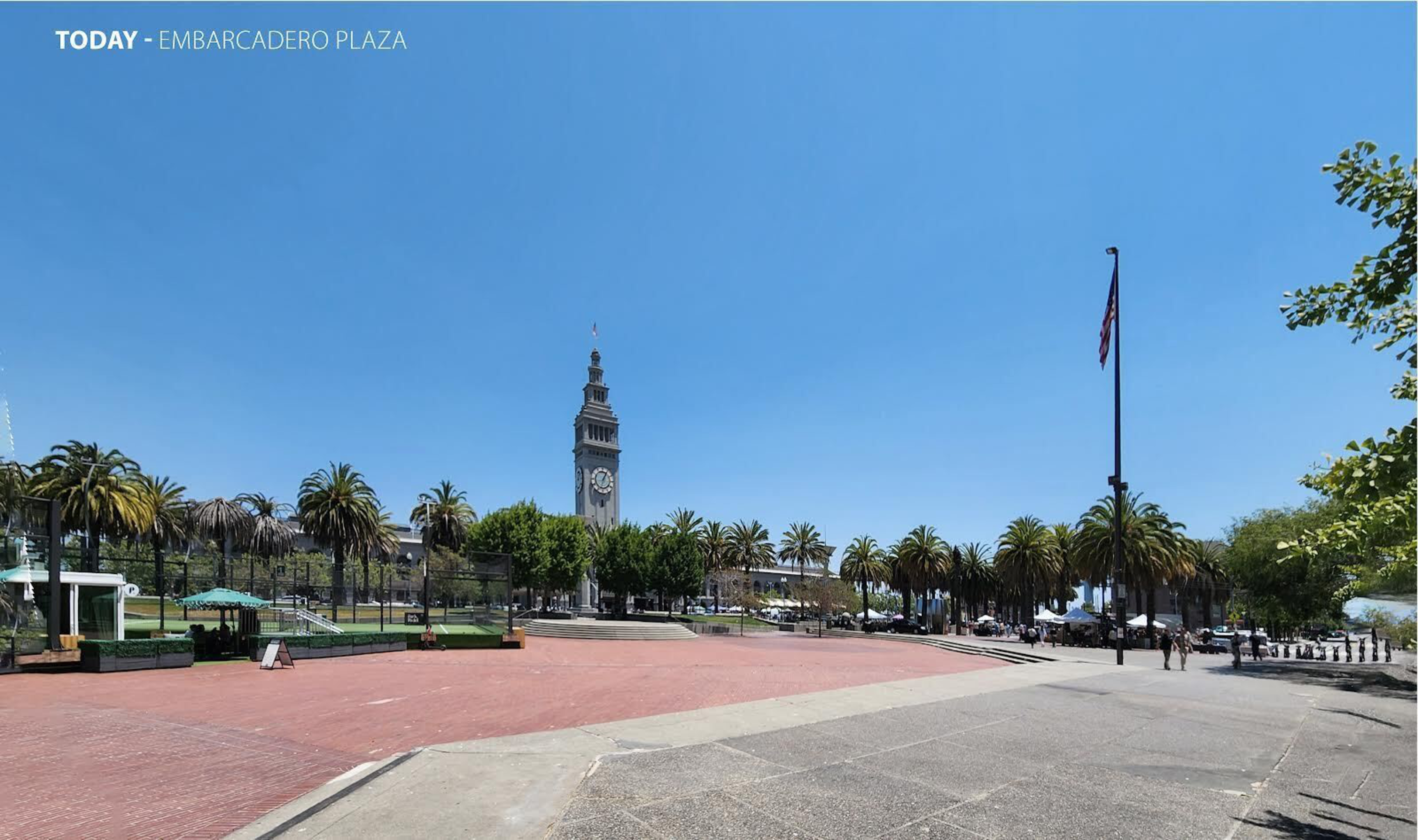 The image shows Embarcadero Plaza with a clock tower as the centerpiece, surrounded by palm trees. The sky is clear blue, and there's an American flag on the right.