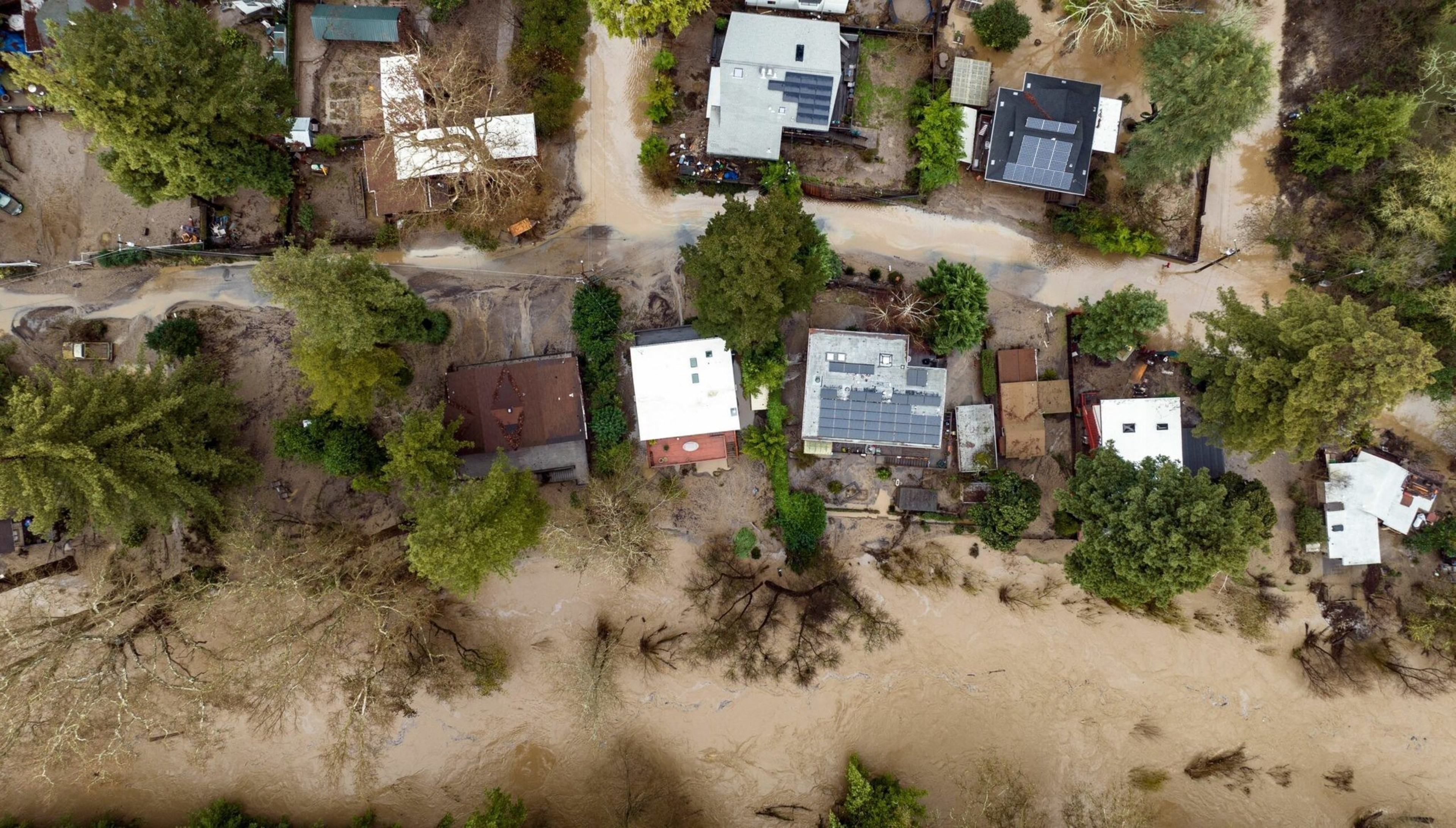 Houses with solar panels and trees line a street flooded by muddy water, with some trees partially submerged and debris visible in the flood.