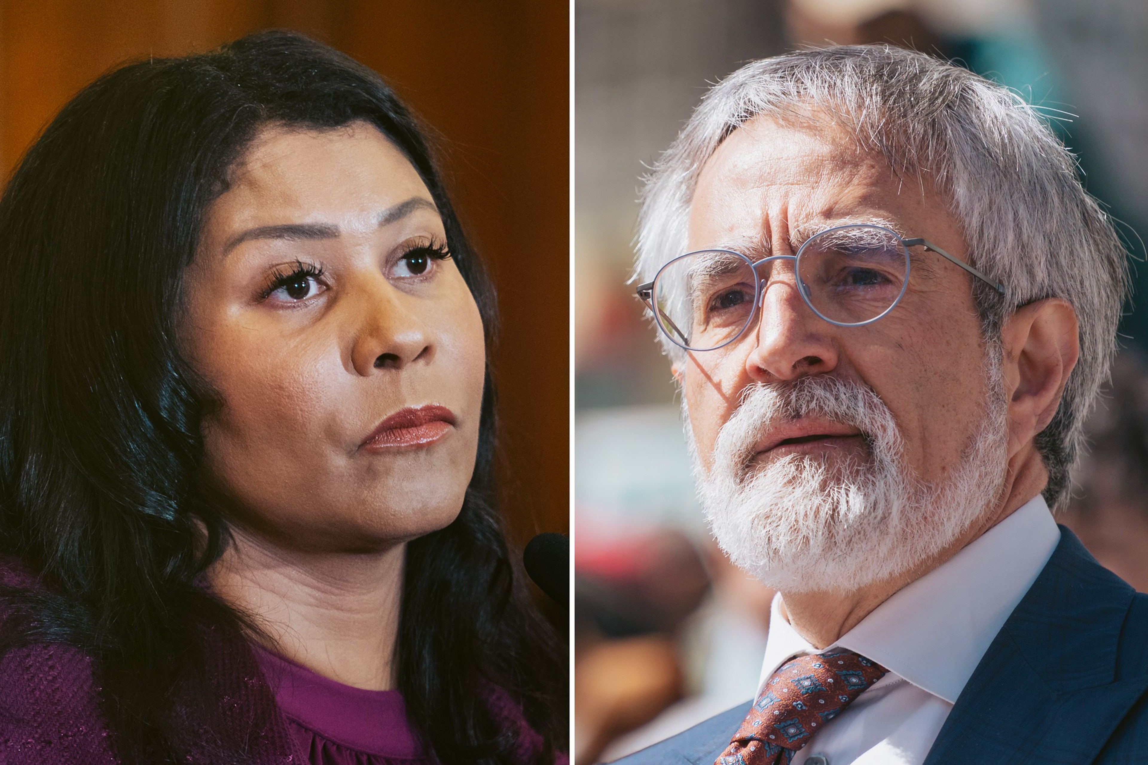A split image with a woman on the left and a man on the right, both appearing serious and focused.