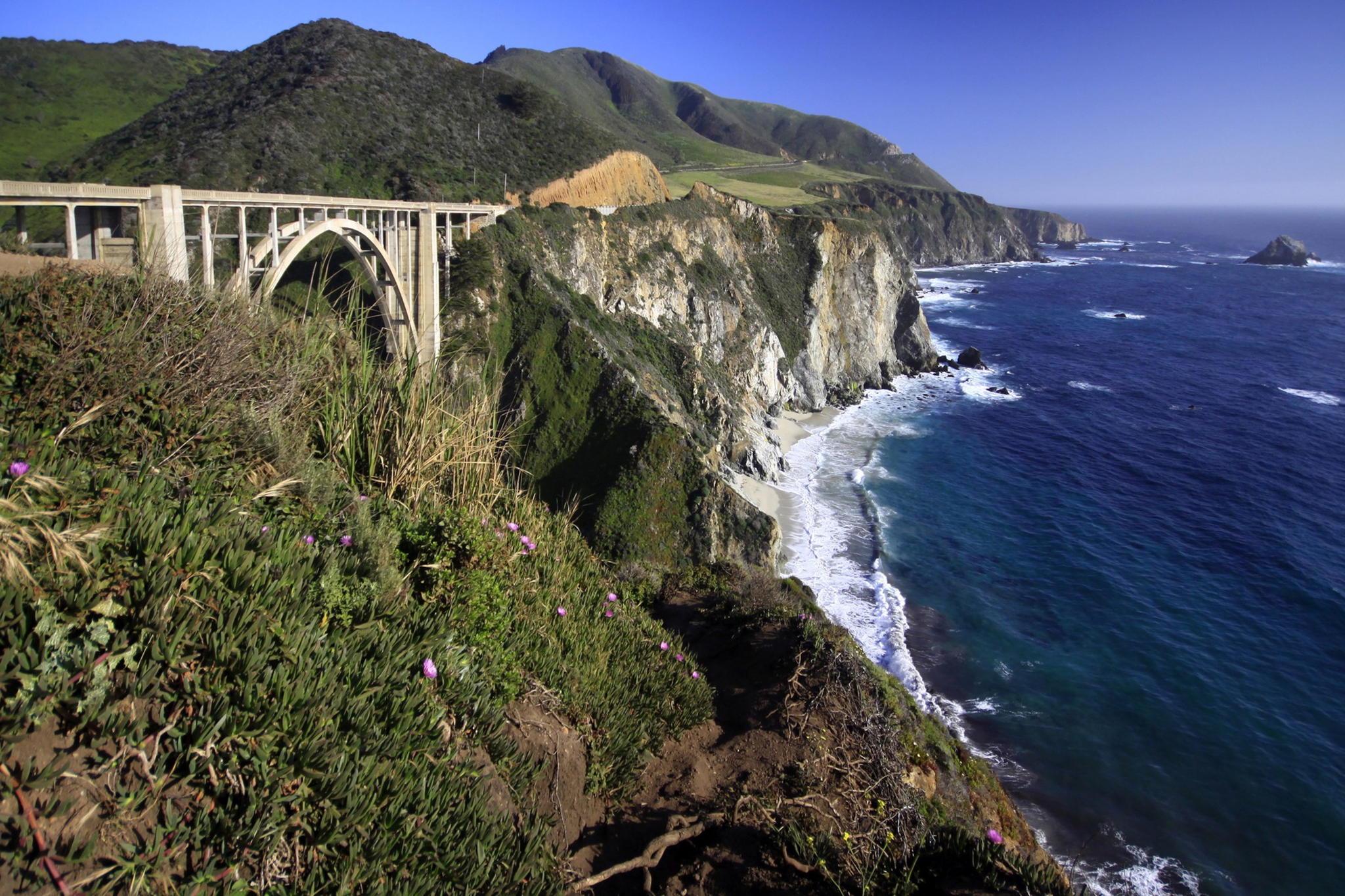 A coastal bridge stretches over rocky cliffs with green foliage and pink flowers, overlooking a blue ocean under a clear, bright sky.