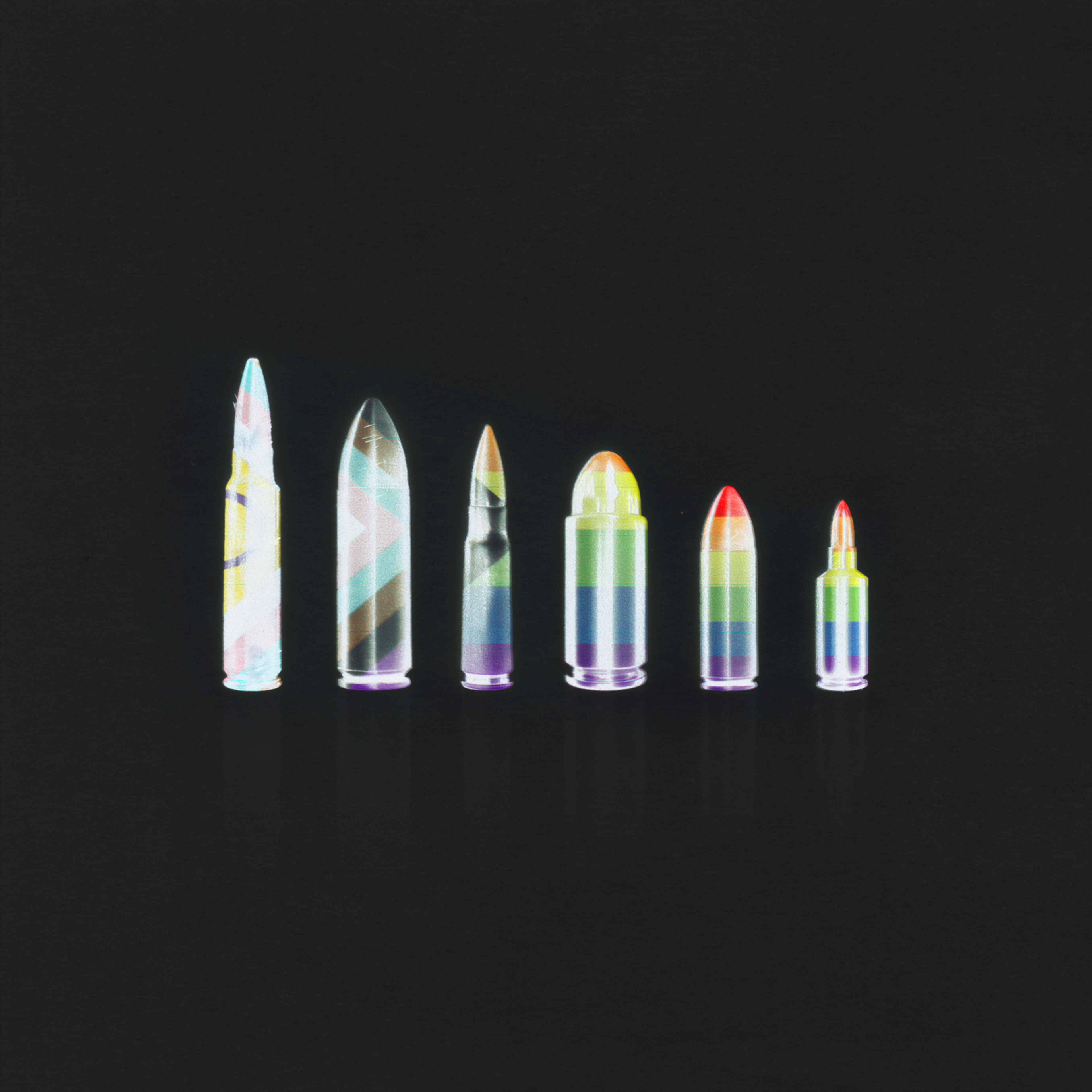 A photo illustration of rainbow bullets