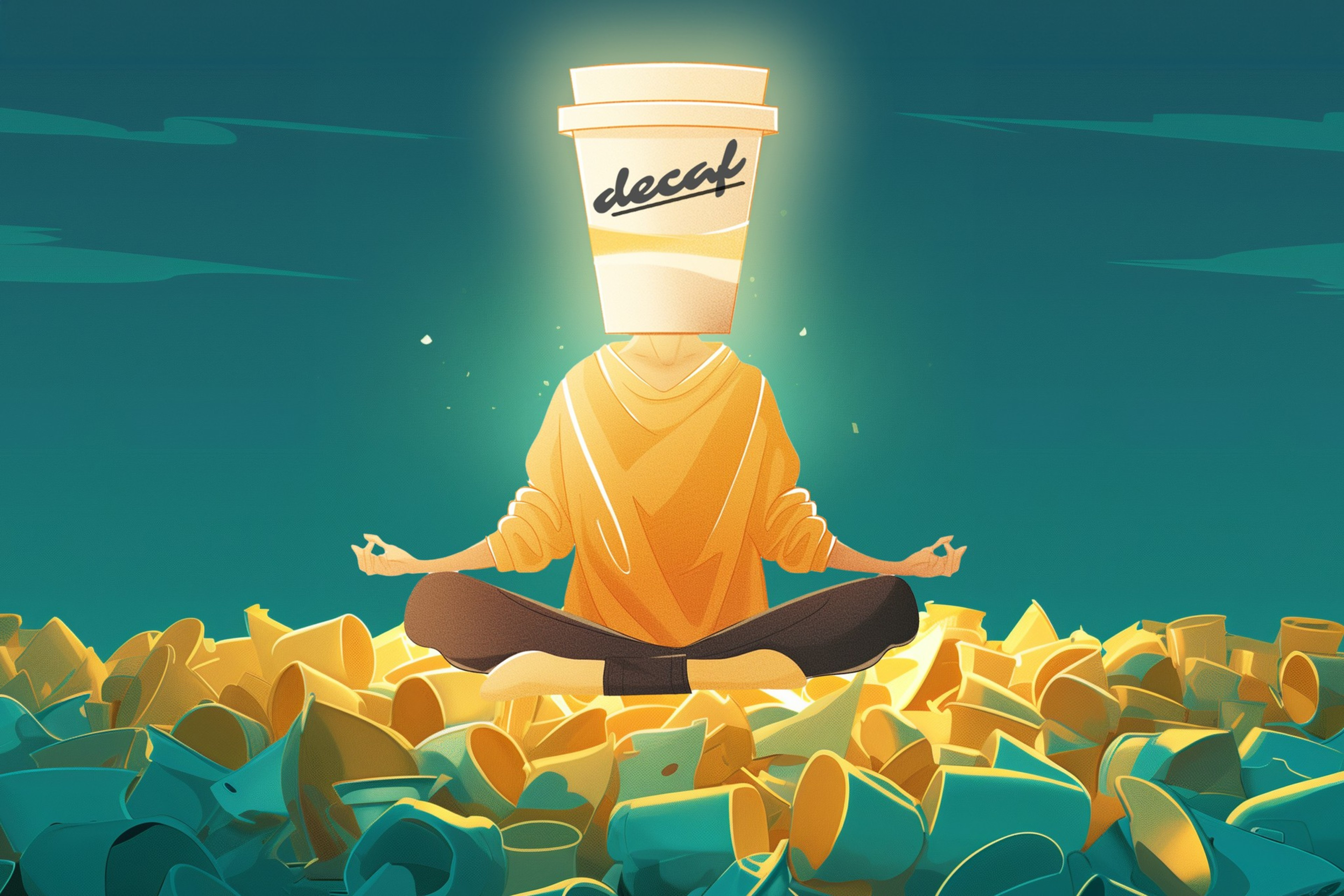 illustration of person meditating with decaf coffee on their head