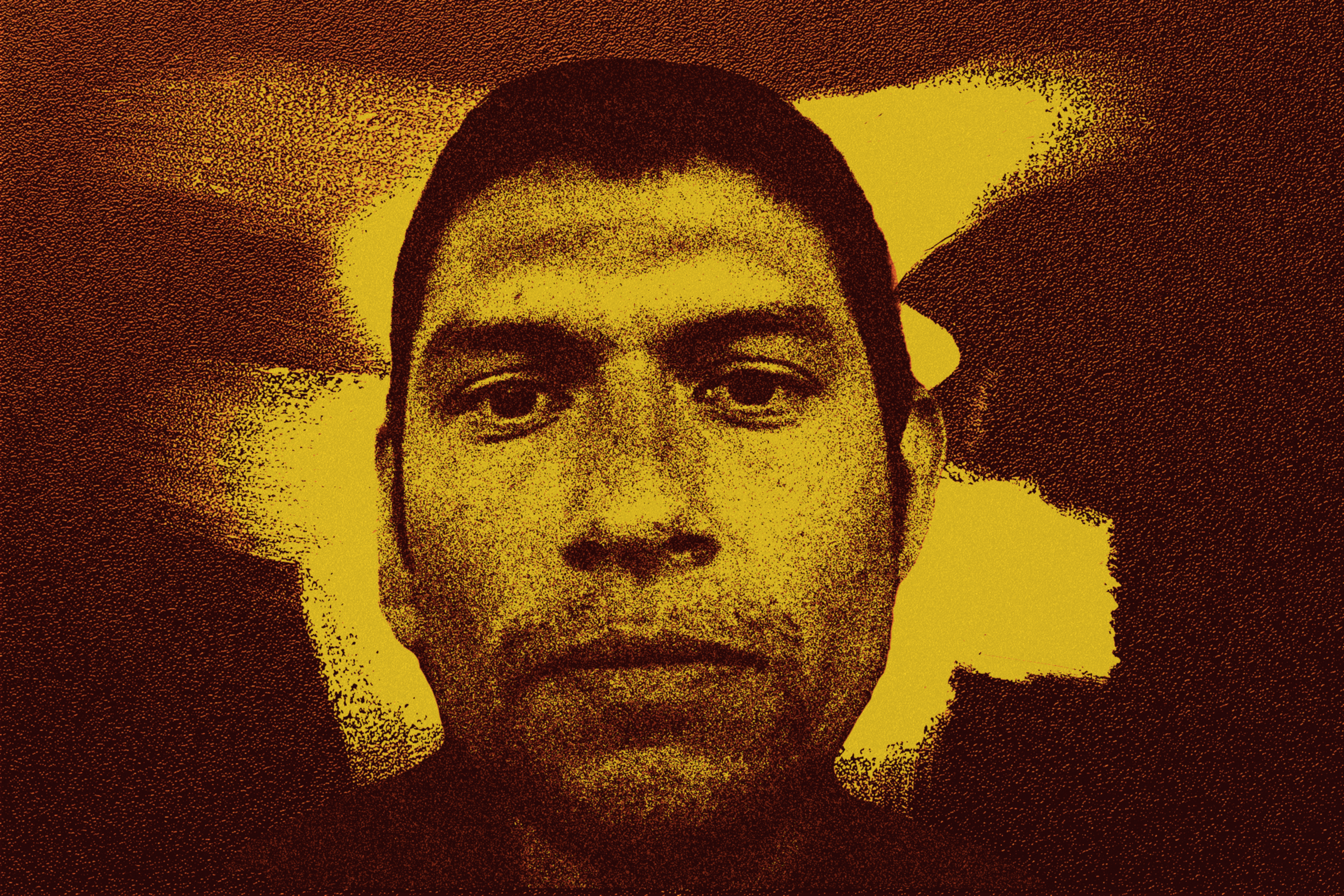 The image features a stylized portrait of a person with a serious expression, rendered in bold yellow and brown tones, giving it a textured, artistic effect.