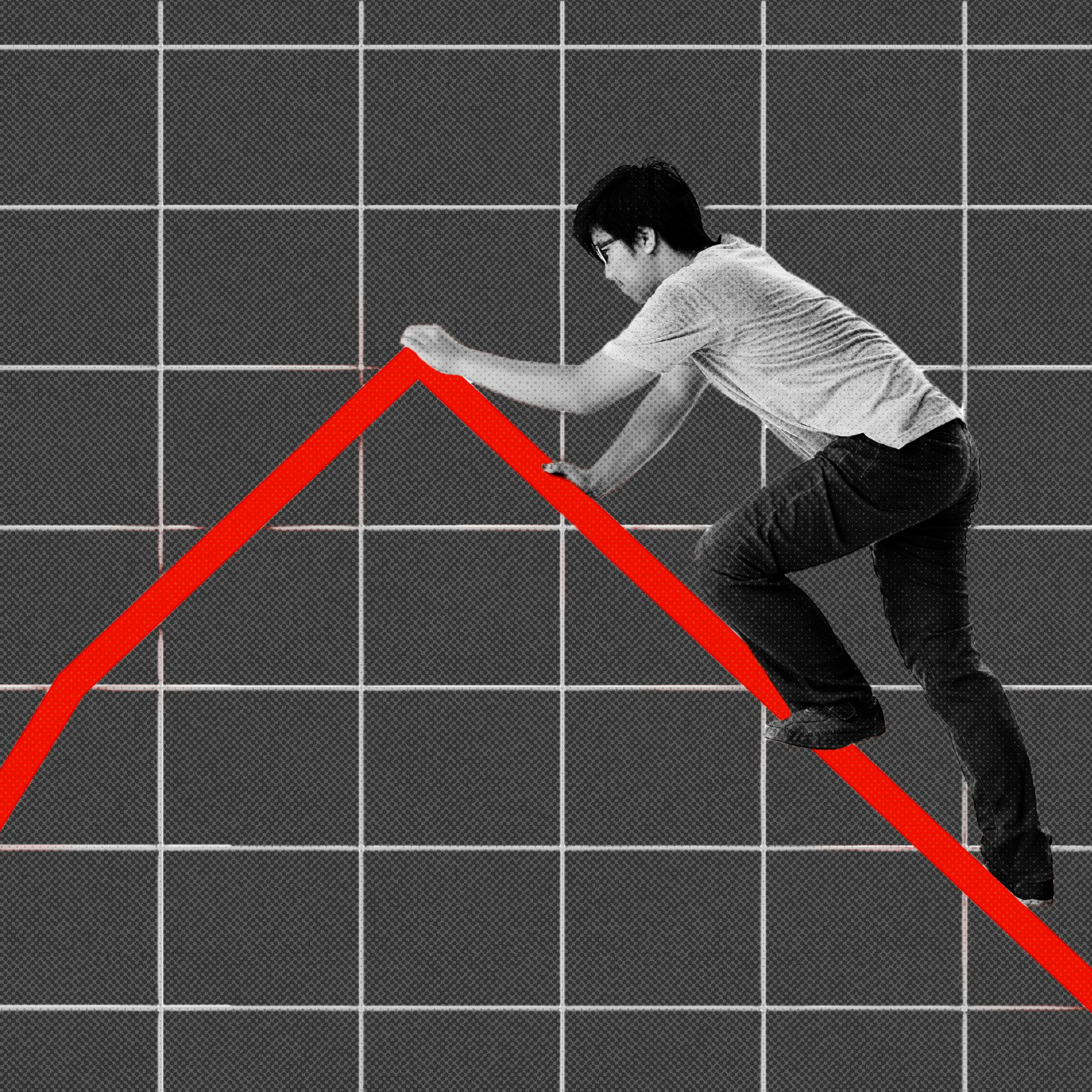 A photo illustration of a man climbing a chart line
