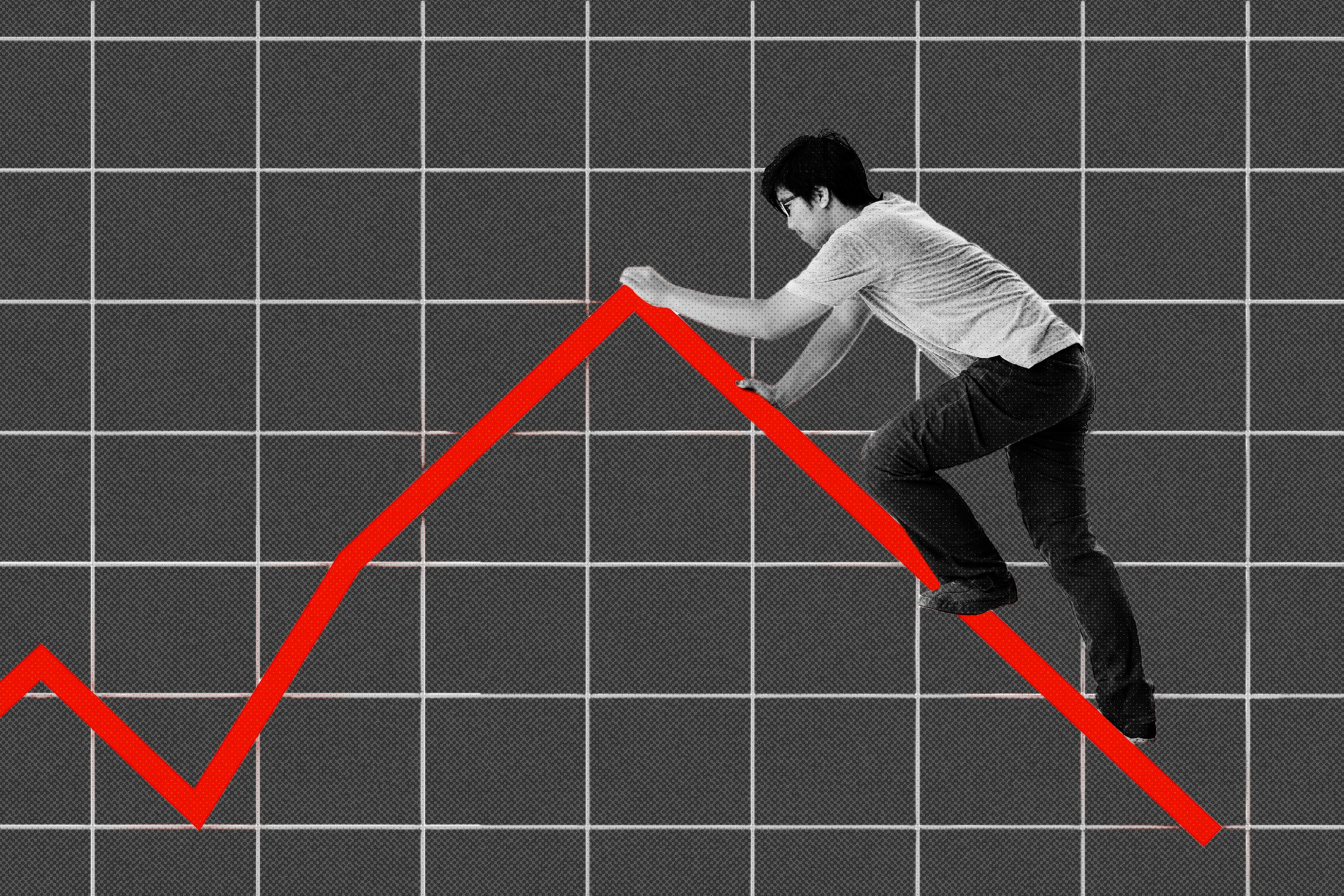 A photo illustration of a man climbing a chart line