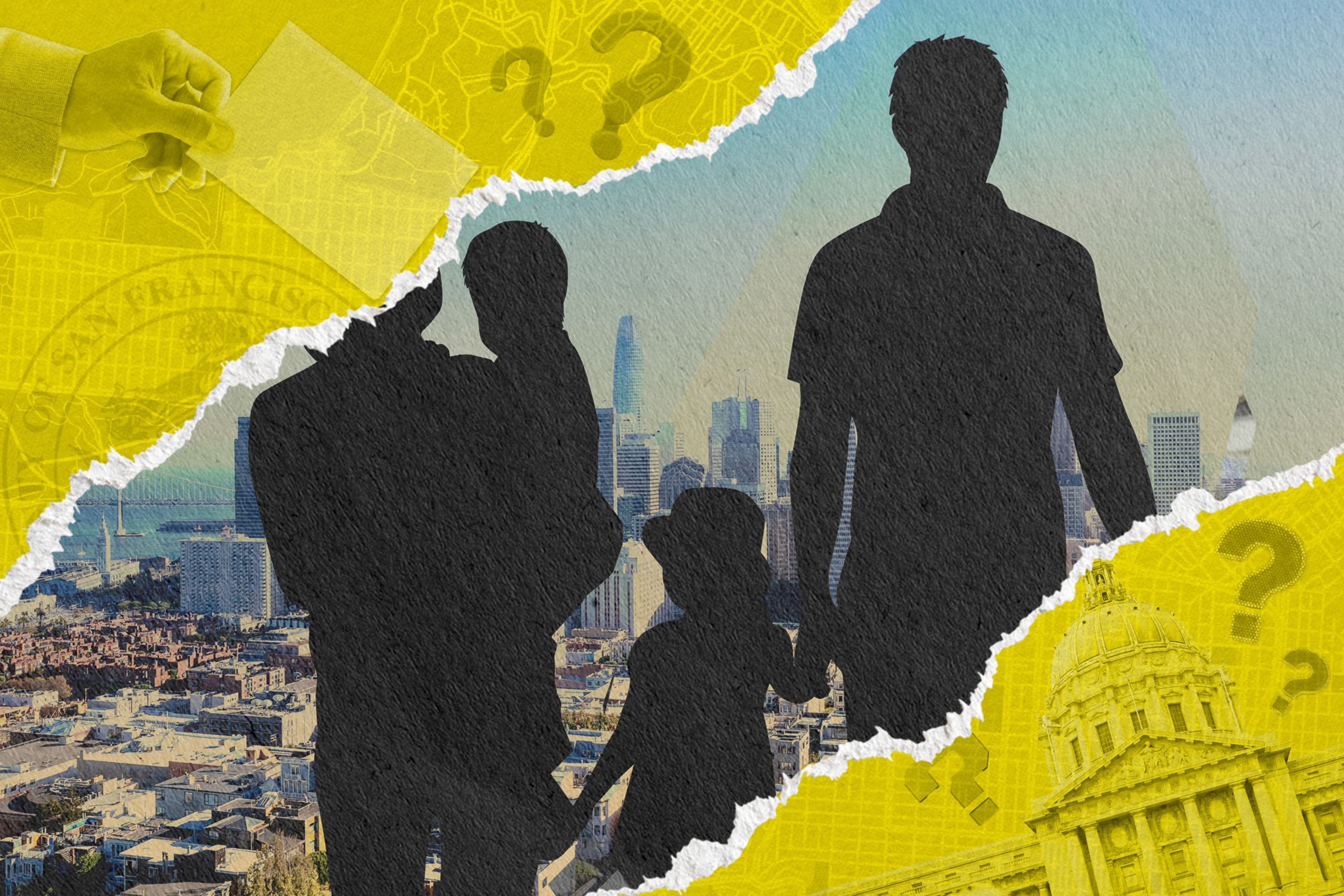 Silhouettes of a family against a city skyline are overlaid with torn yellow sections featuring maps, a hand with an envelope, and question marks.