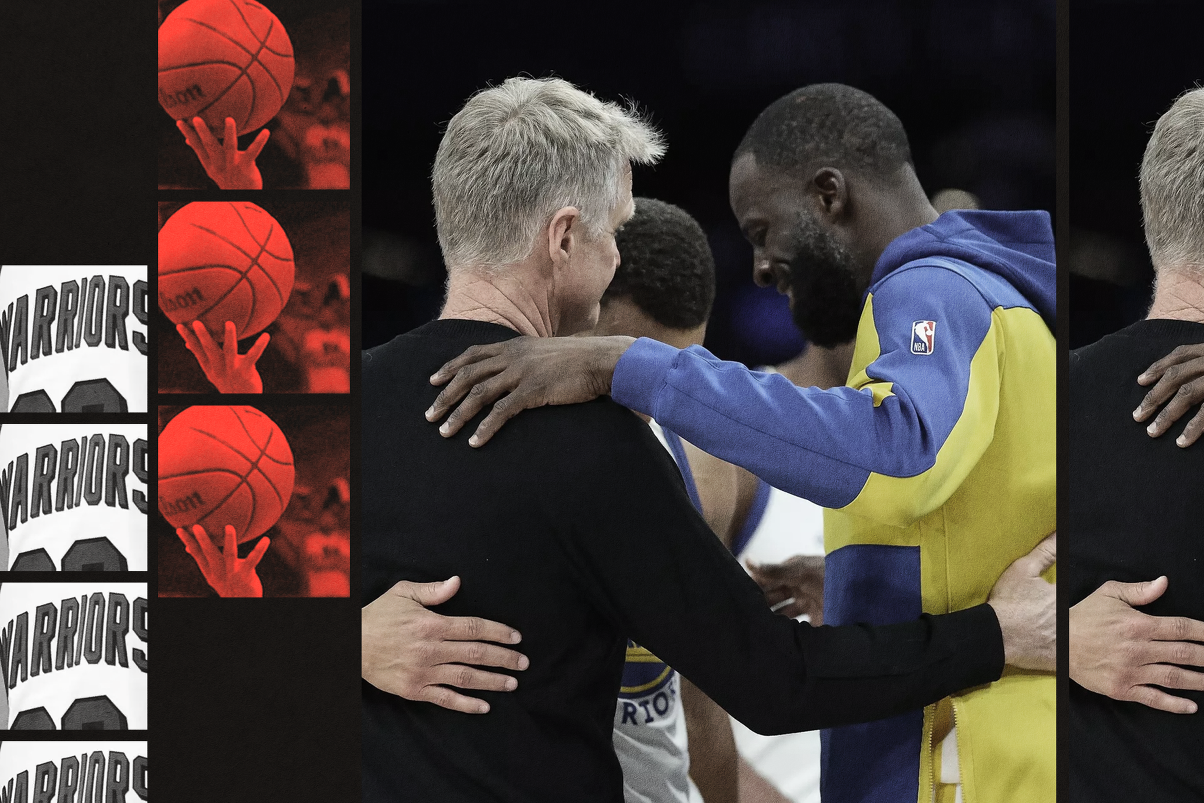 A man in a black shirt and a man in a blue and yellow hoodie embrace warmly, while a basketball player in a Golden State Warriors jersey stands between them.