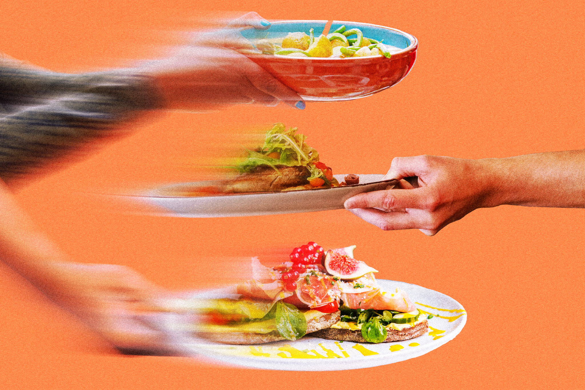 Three hands are passing colorful plates of food against an orange background, with motion blur suggesting fast movement.