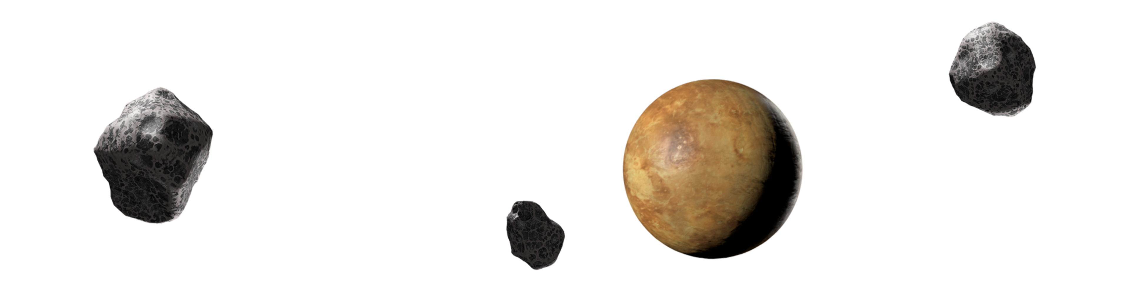 A central, brownish, cratered planet is surrounded by four irregular, dark gray asteroids against a black background.