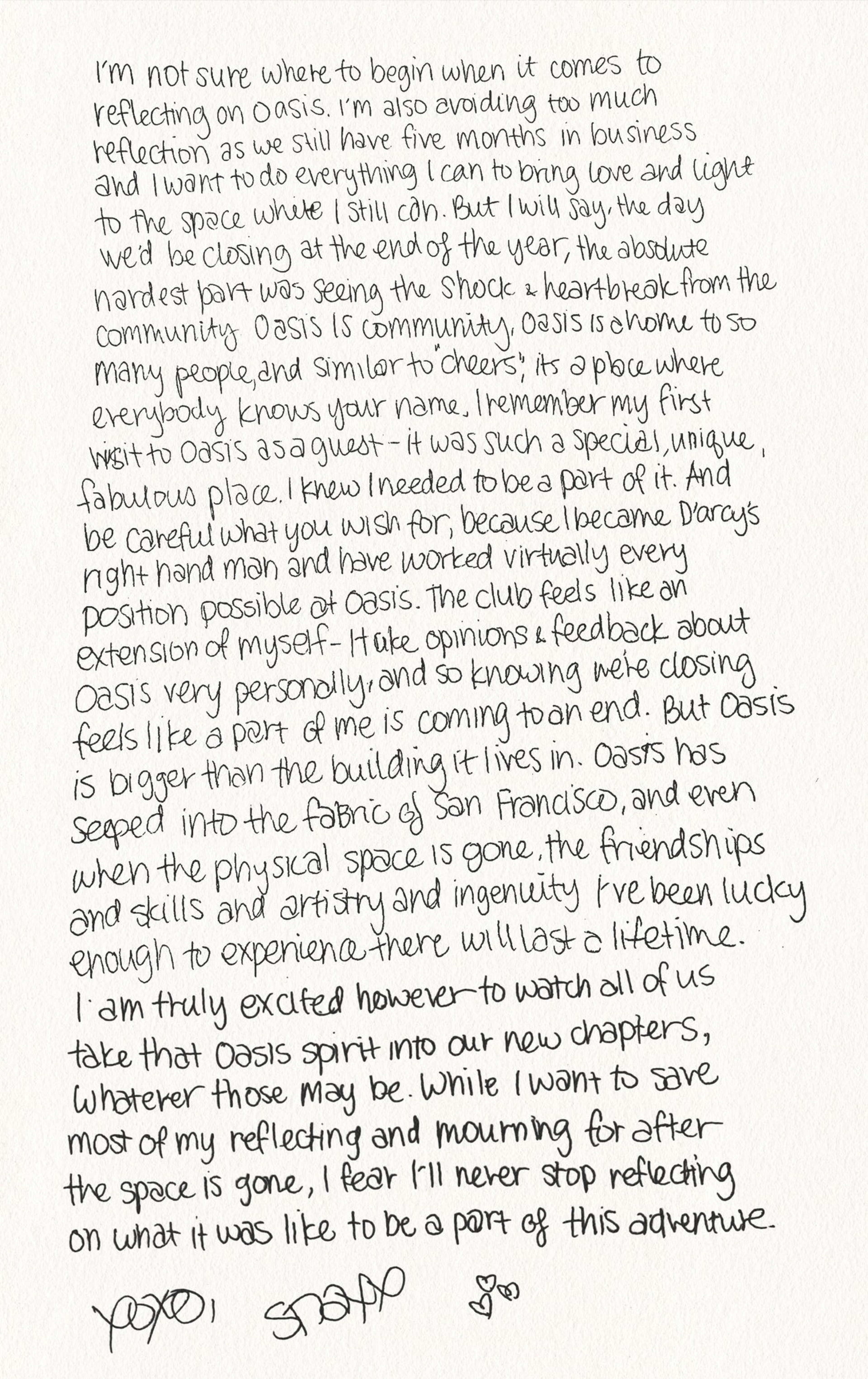 A handwritten note reflects on the emotional experience of Oasis closing, expressing gratitude for the community, friendships, and lasting impact beyond the physical space.