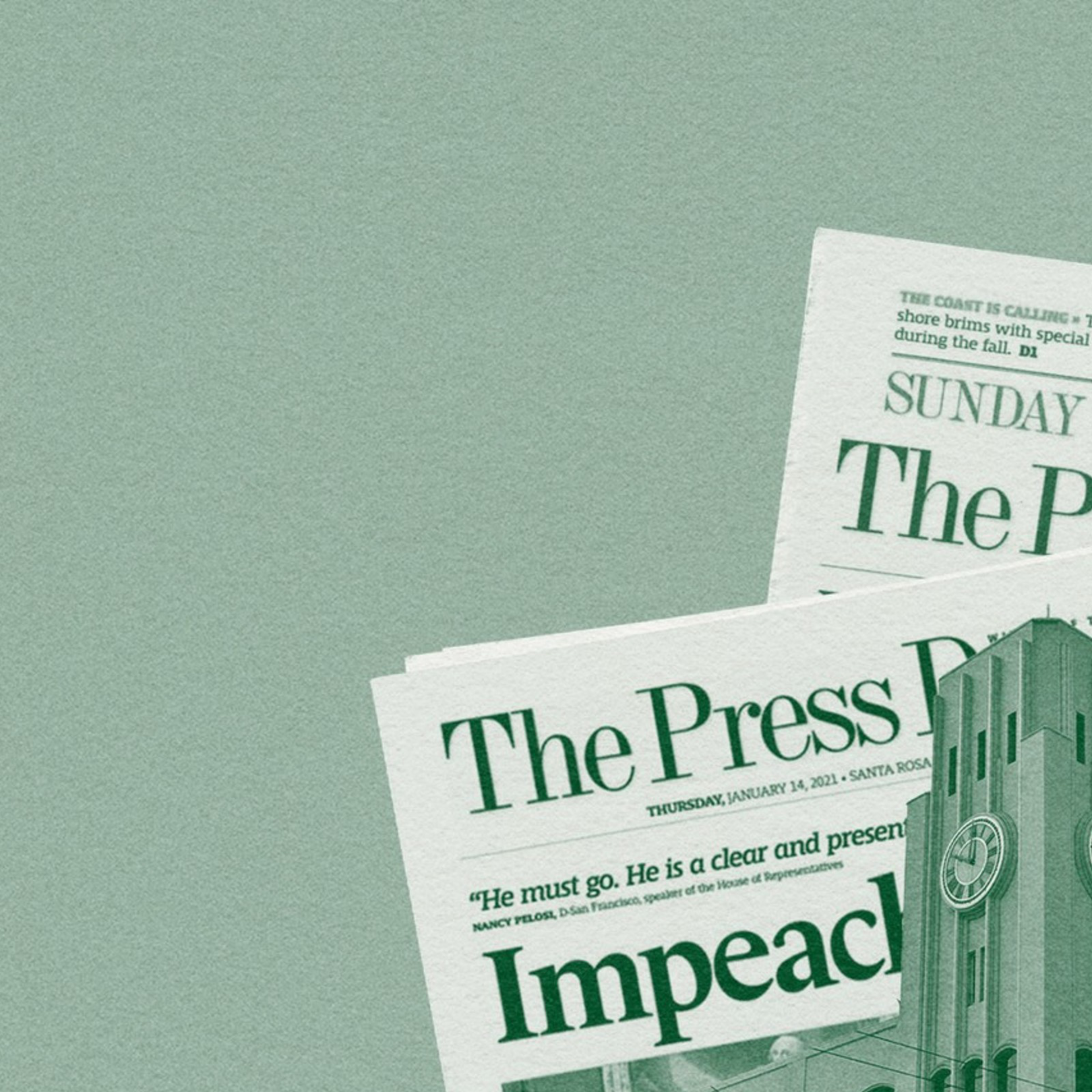 The image shows a building with newspapers overlaying it. The papers have bold headlines, and the overall color scheme is greenish.