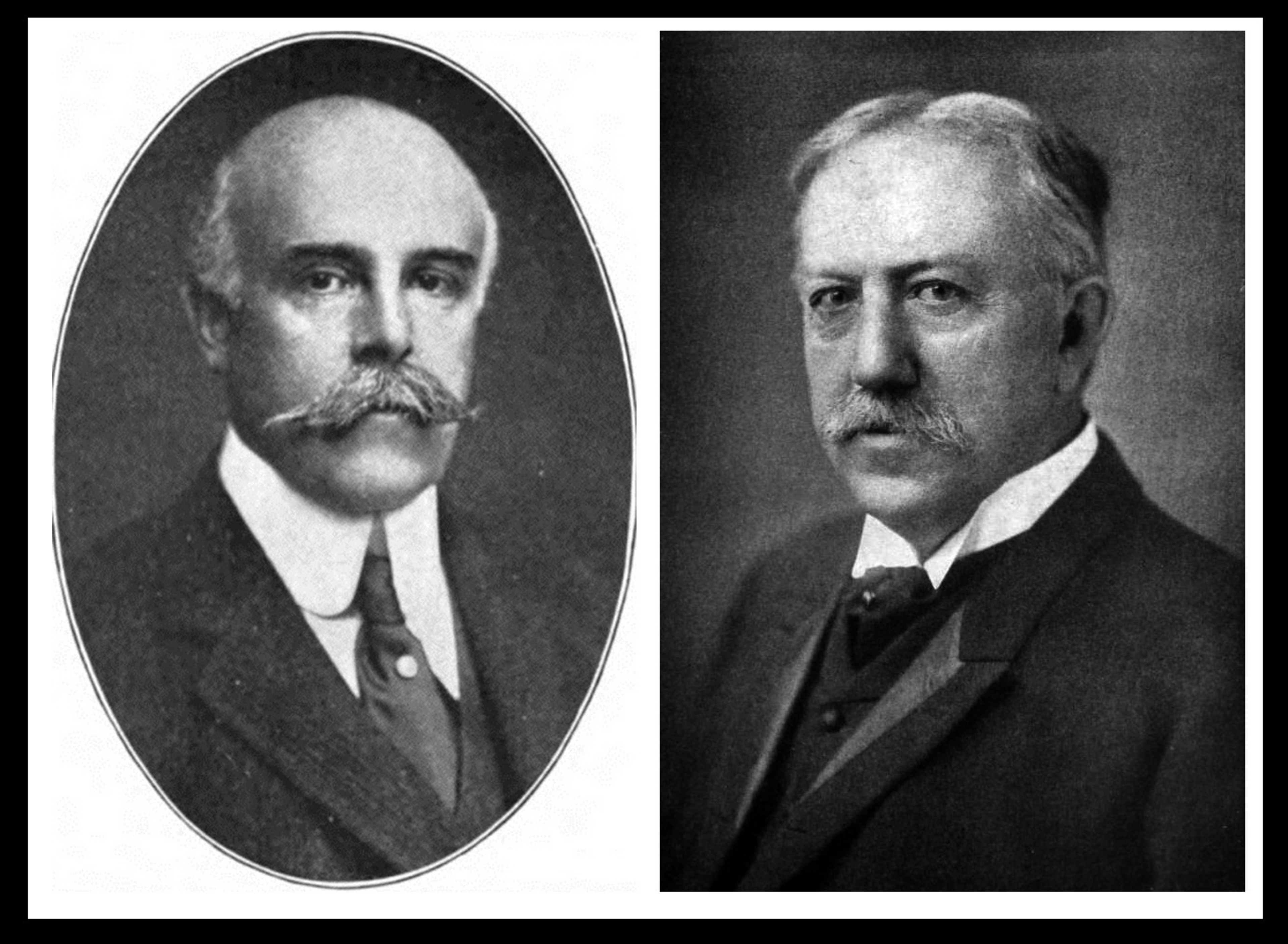 Two black-and-white portraits of older men with mustaches, dressed in early 20th-century formal suits and ties, both facing forward.