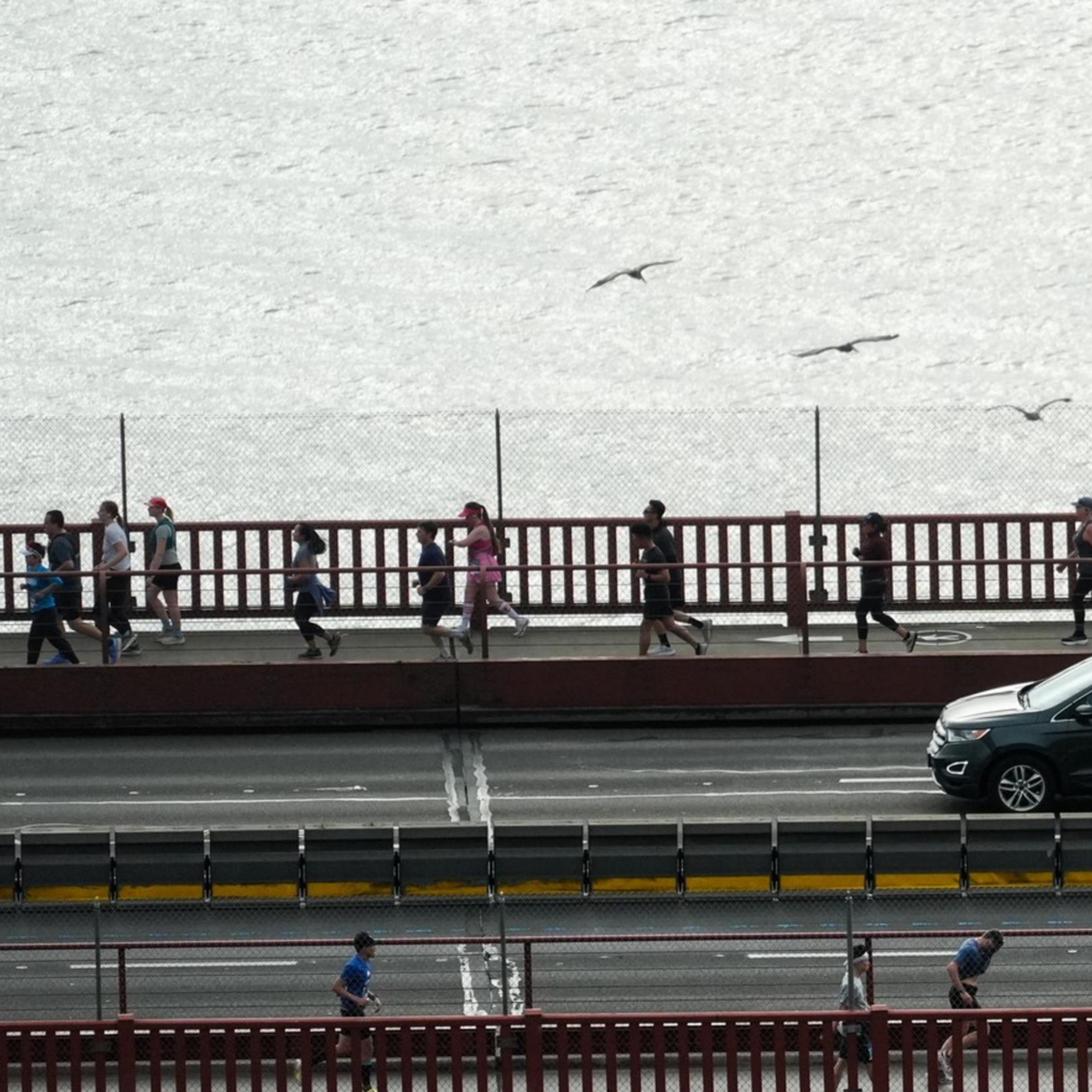 People are walking on two levels of a red bridge, separated by a road with a black SUV. Seagulls are flying in the background.
