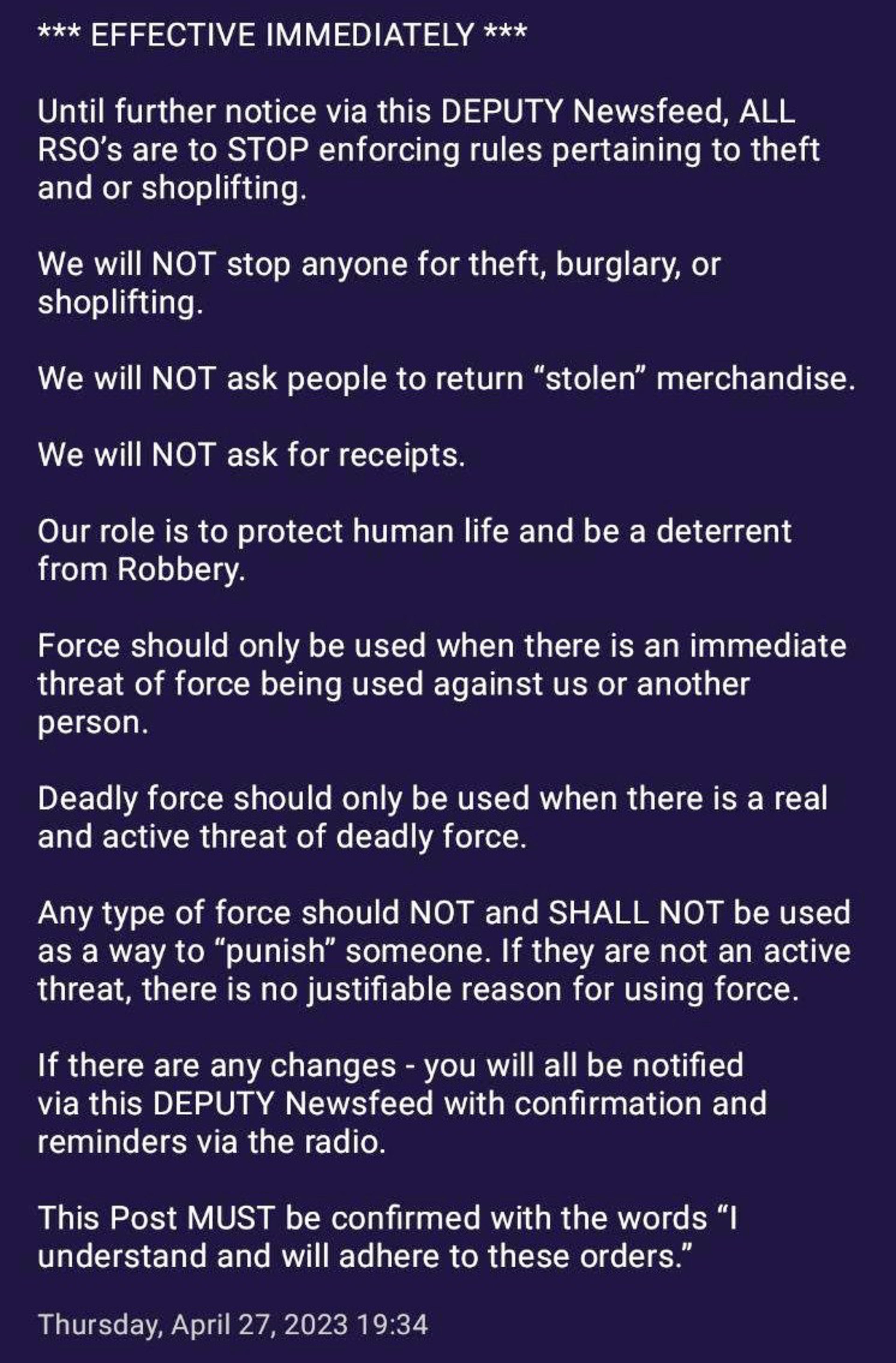 All RSO’s must stop enforcing theft and shoplifting rules, only use force for immediate threats, never punish with force, and confirm understanding of the orders.