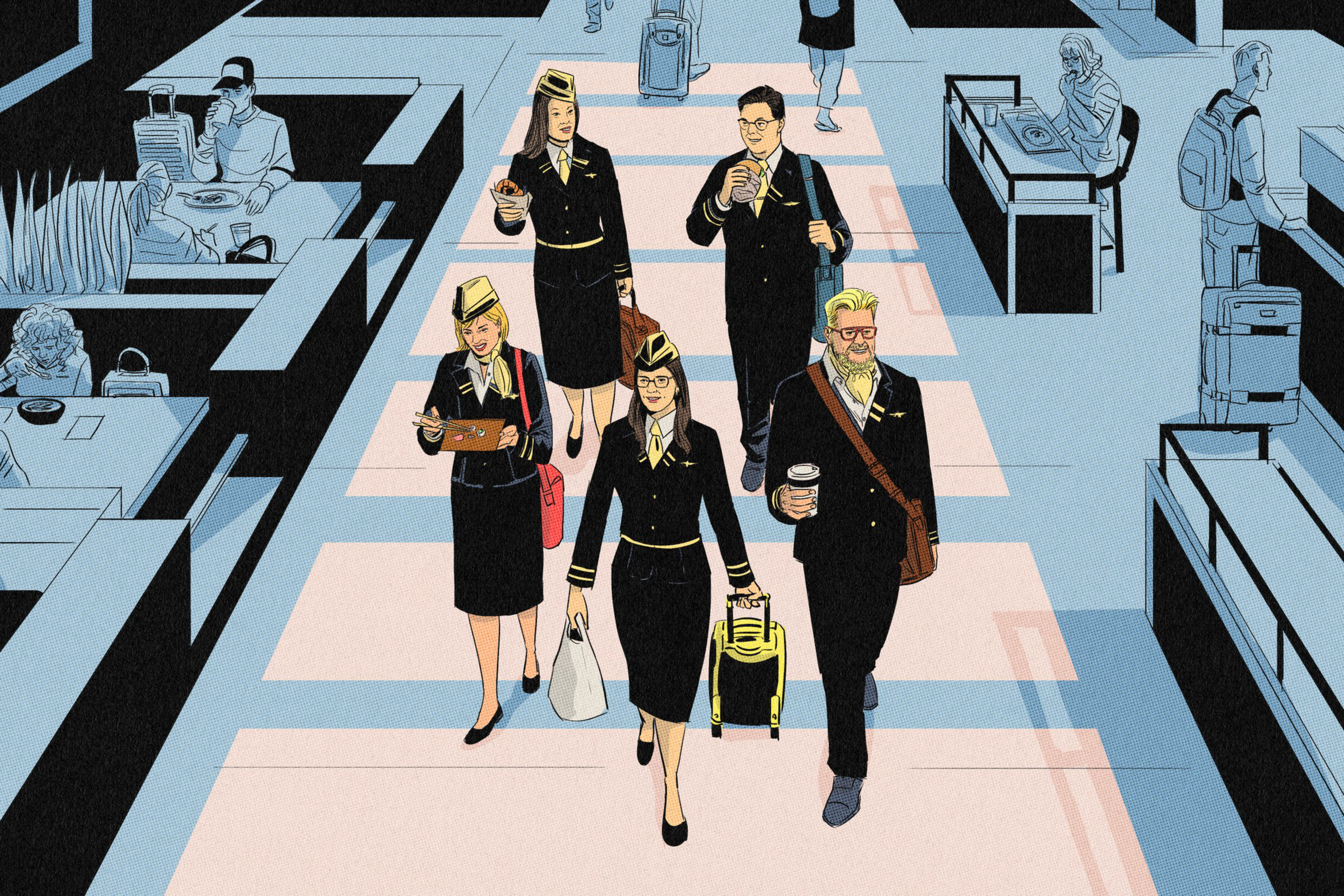 Five airline crew members in uniform walk through an airport terminal, carrying bags and coffee, with other travelers seated or walking nearby.