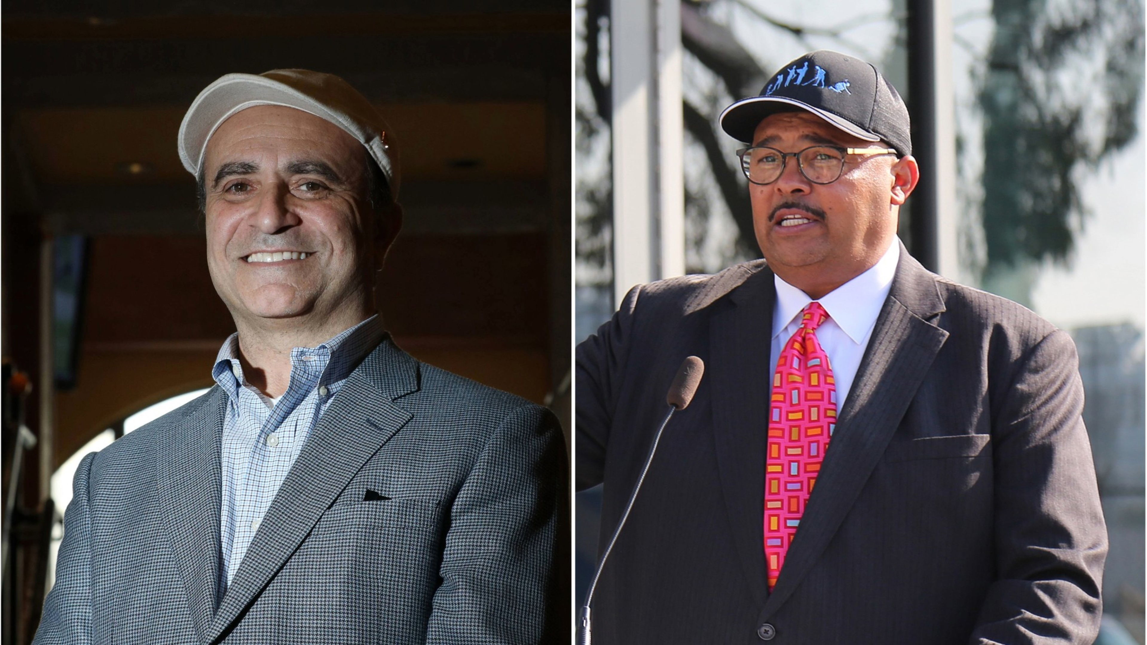 Two men: one in a cap and blazer, the other in a baseball cap and suit with a microphone.