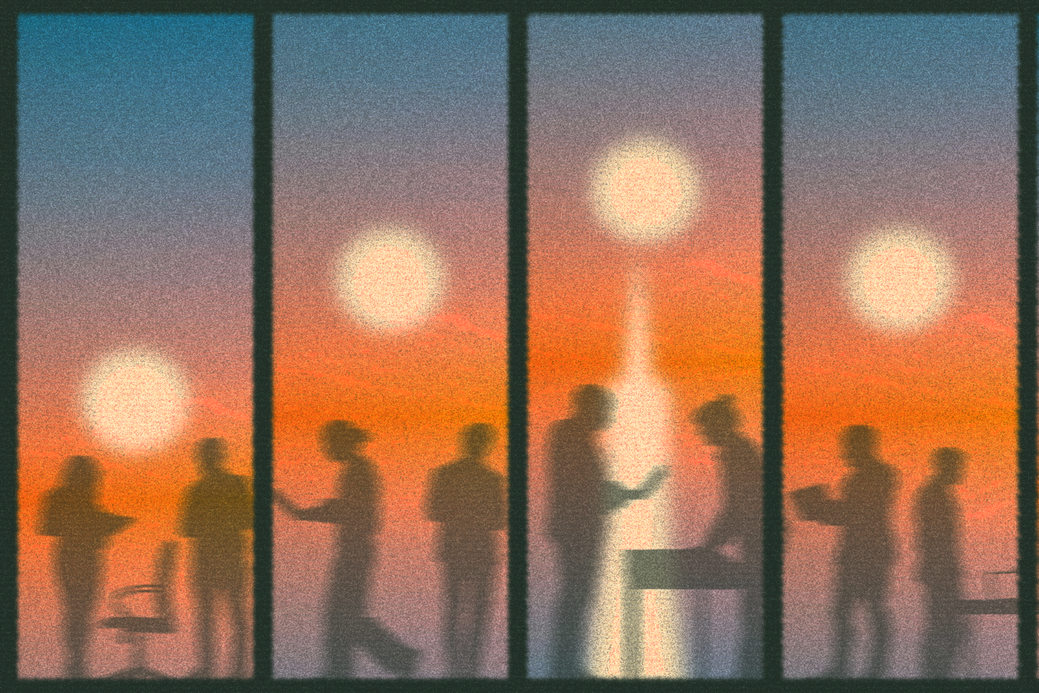 Seven silhouetted figures stand or sit against a sunset sky with an illuminated city tower in the background through tall windows.