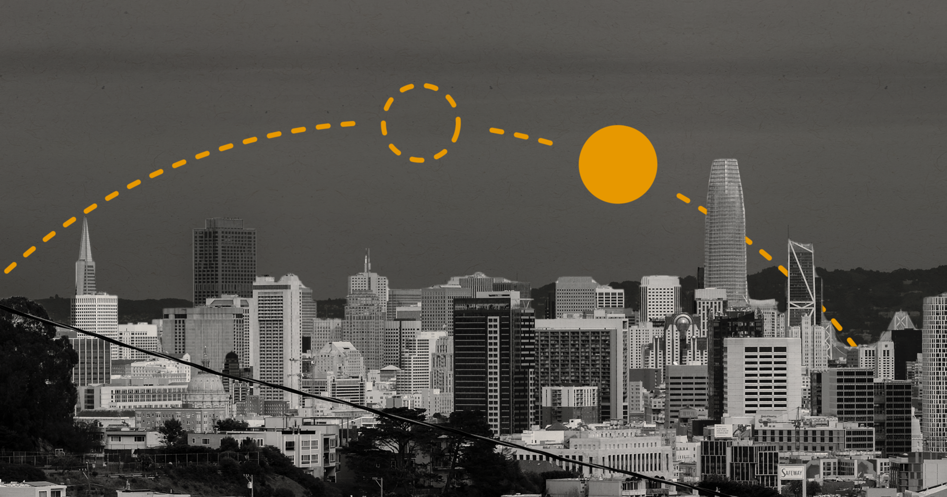 A grayscale city skyline with two orange circles connected by a dashed curved line arching over the buildings.