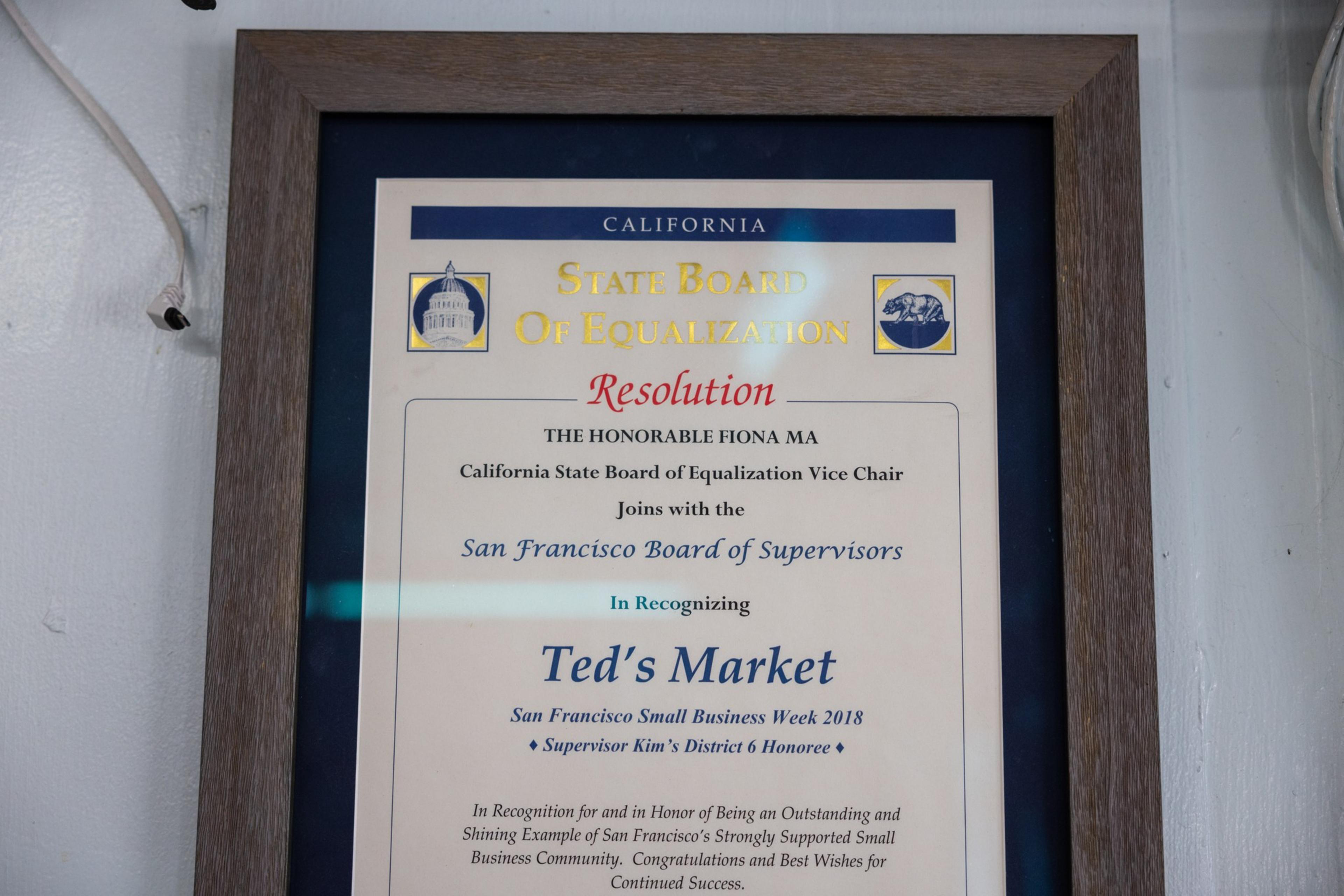 Certificate from California State Board of Equalization honoring Ted’s Market as an outstanding small business during San Francisco Small Business Week 2018.