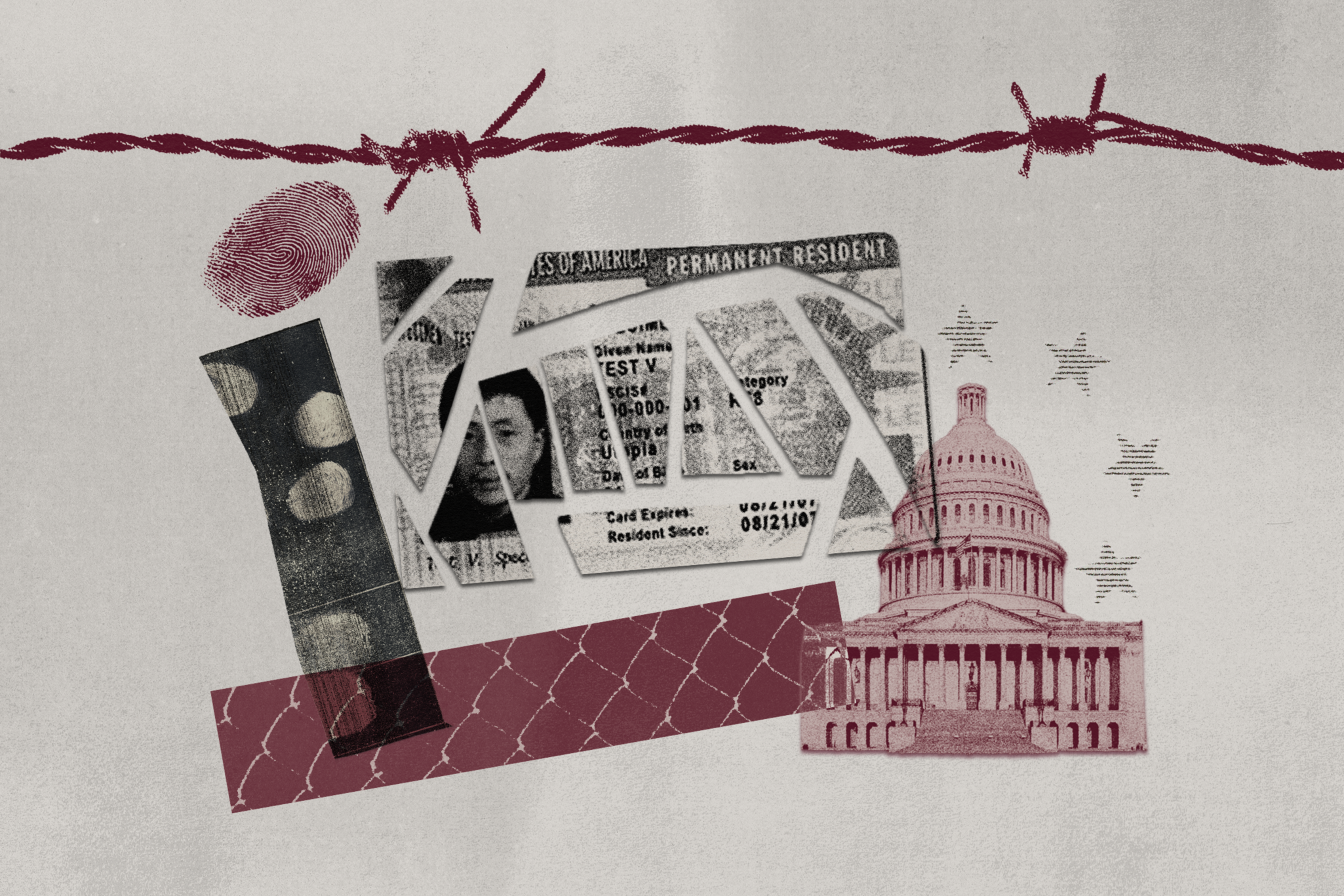 Barbed wire stretches across the top, with a broken U.S. permanent resident card, a fingerprint, film strip, barbed wire pattern, and the Capitol building below.