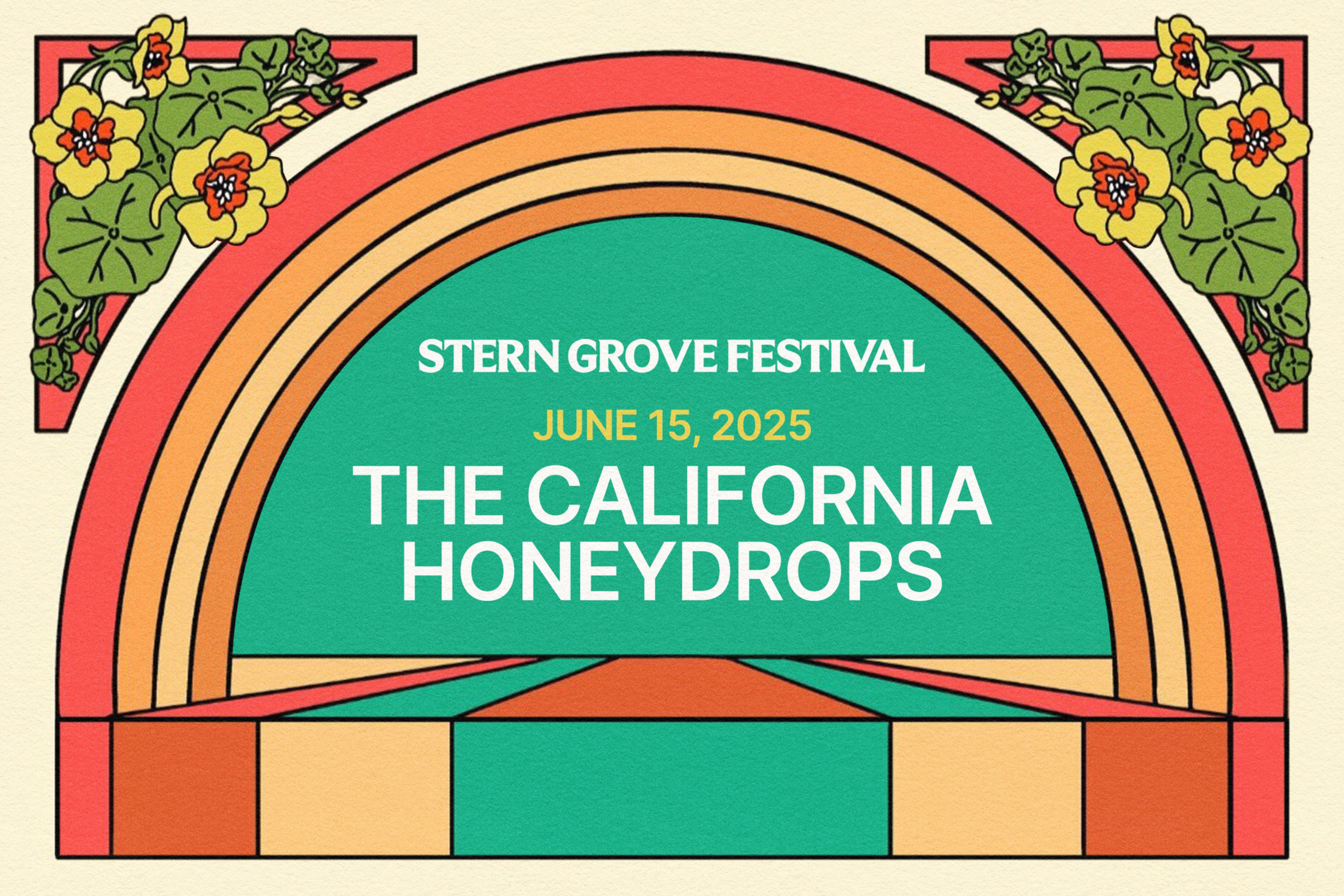 The image features a colorful, retro-style design with floral details, announcing the Stern Grove Festival on June 15, 2025, featuring The California Honeydrops.