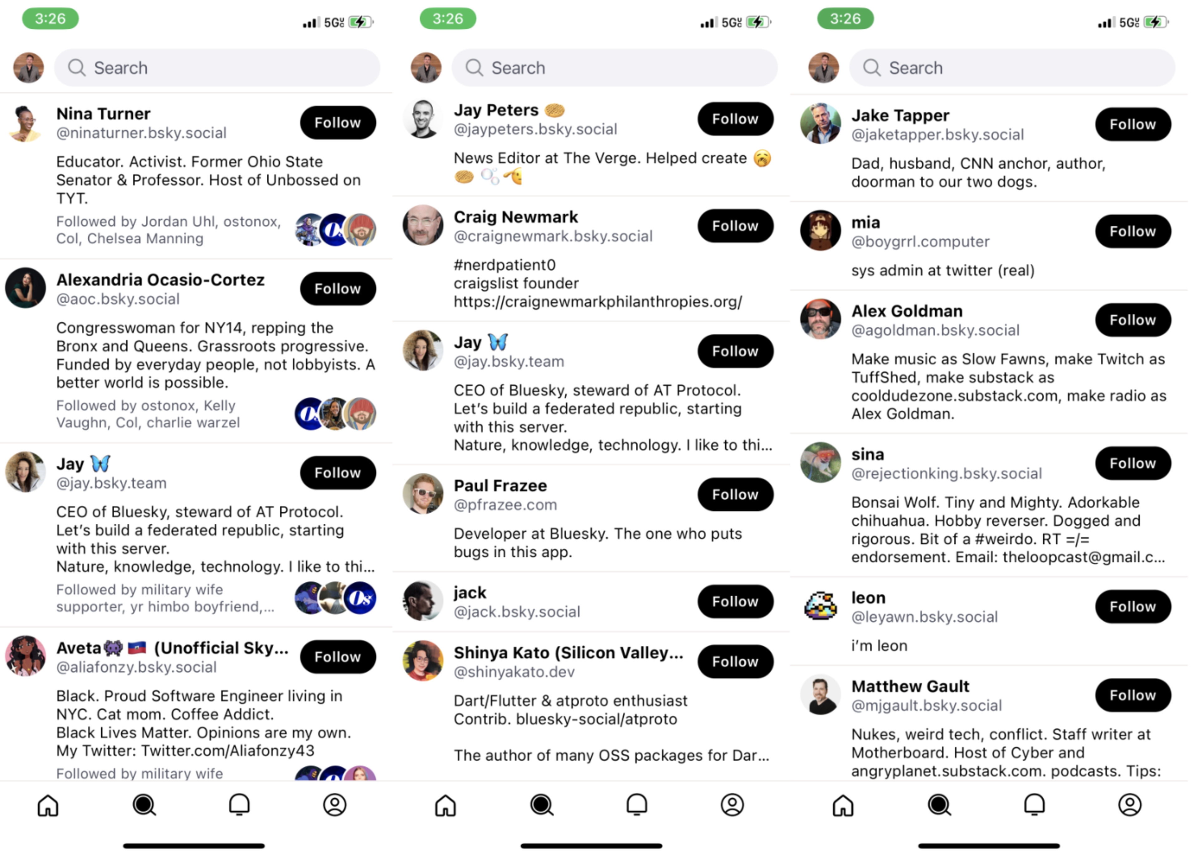 Profiles of various users on a social media app, showing names, brief bios, usernames, and follow buttons, with a search bar at the top on all screens.
