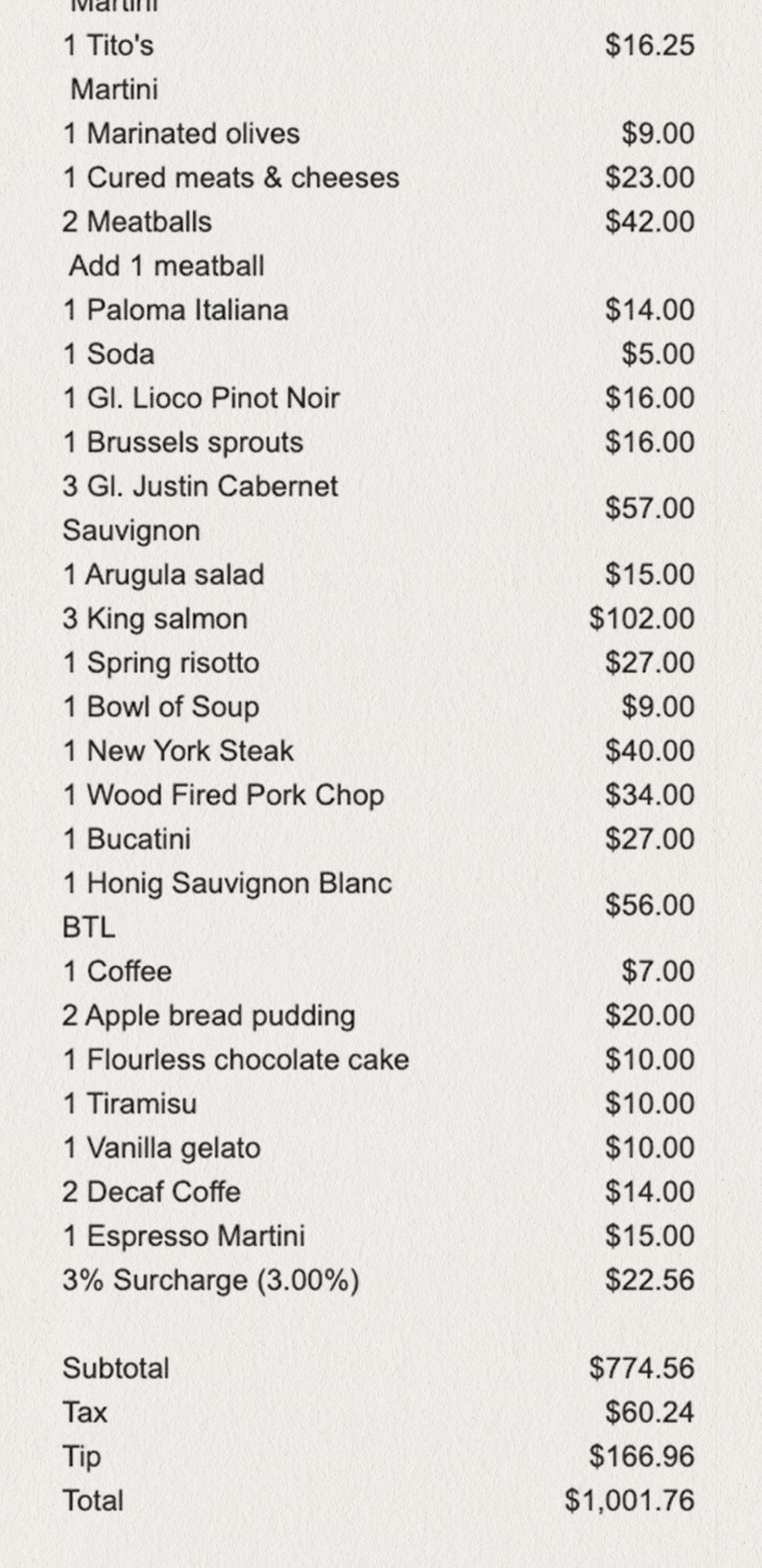 The image is of a restaurant bill listing various food and drink items like martinis, olives, meatballs, wines, steak, and desserts, totaling $1,001.76.