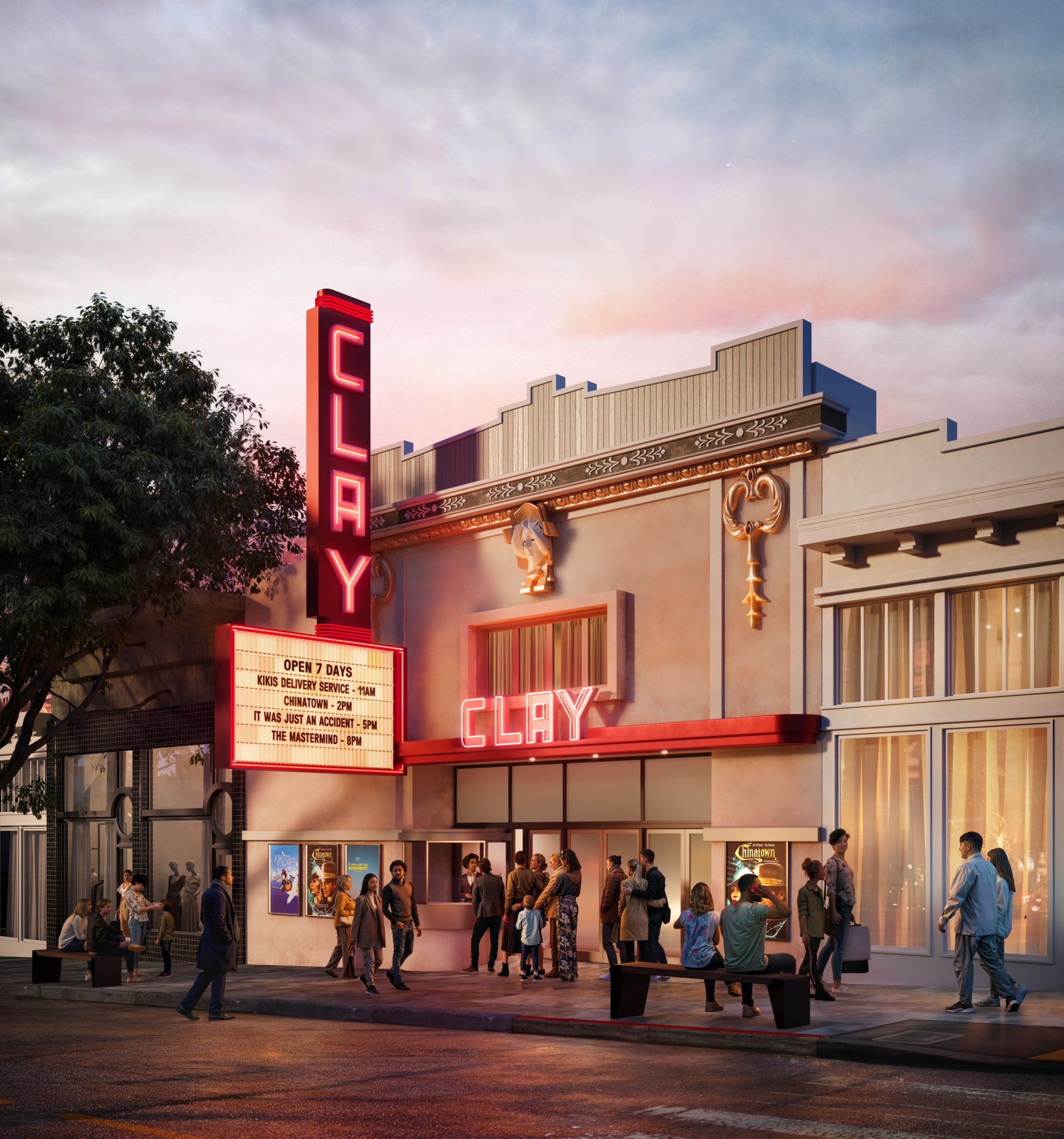 A small cinema with a retro design named "CLAY" is shown, featuring a red neon sign and marquee. A group of people gather outside, under a cloudy evening sky.