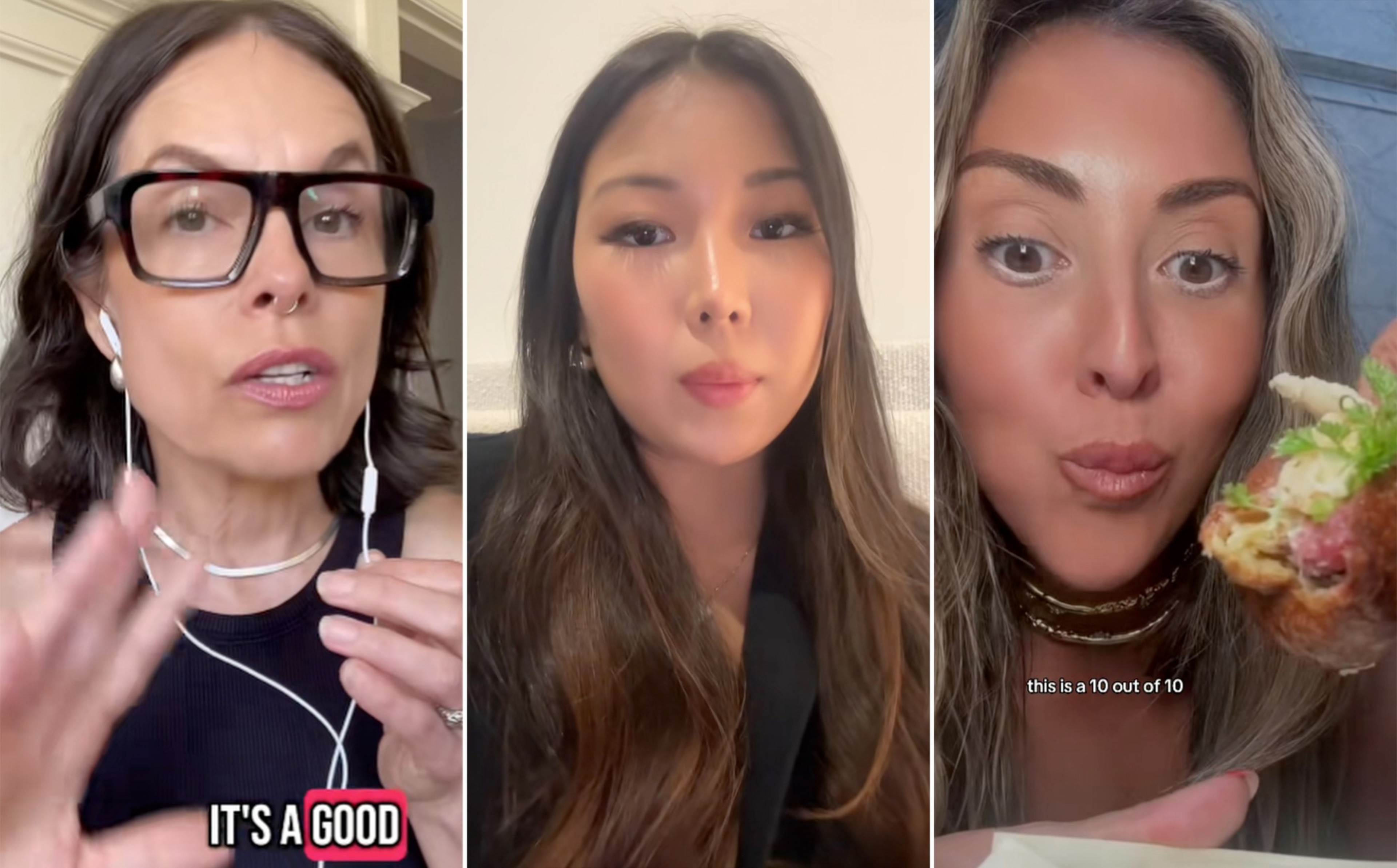 The image shows three women in separate frames. The first wears glasses and earbuds, talking. The second has long hair, and the third holds and tastes food.