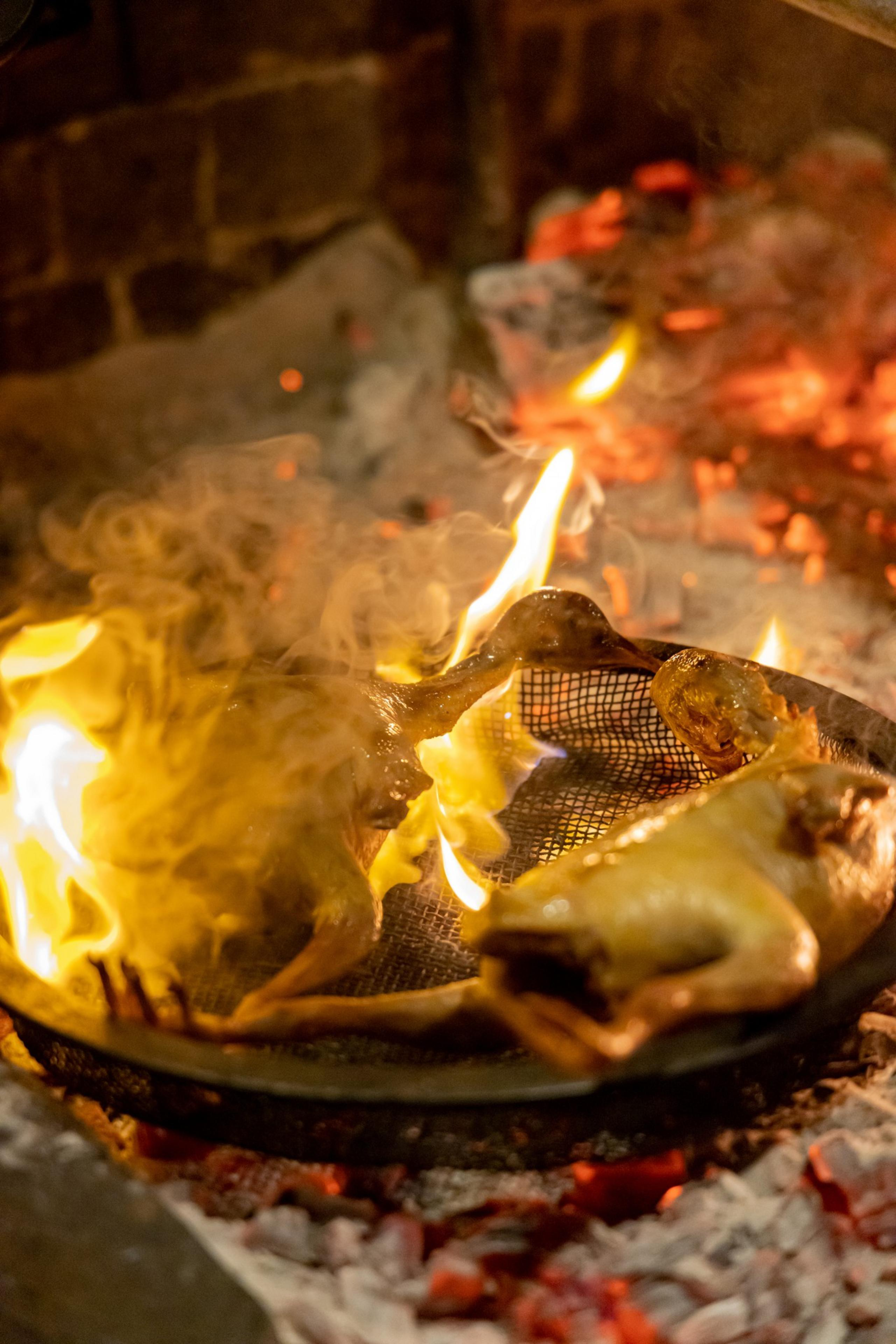 Two birds are being roasted on a grill over open flames and hot coals. Smoke and fire are visible, with an intense, rustic cooking atmosphere.