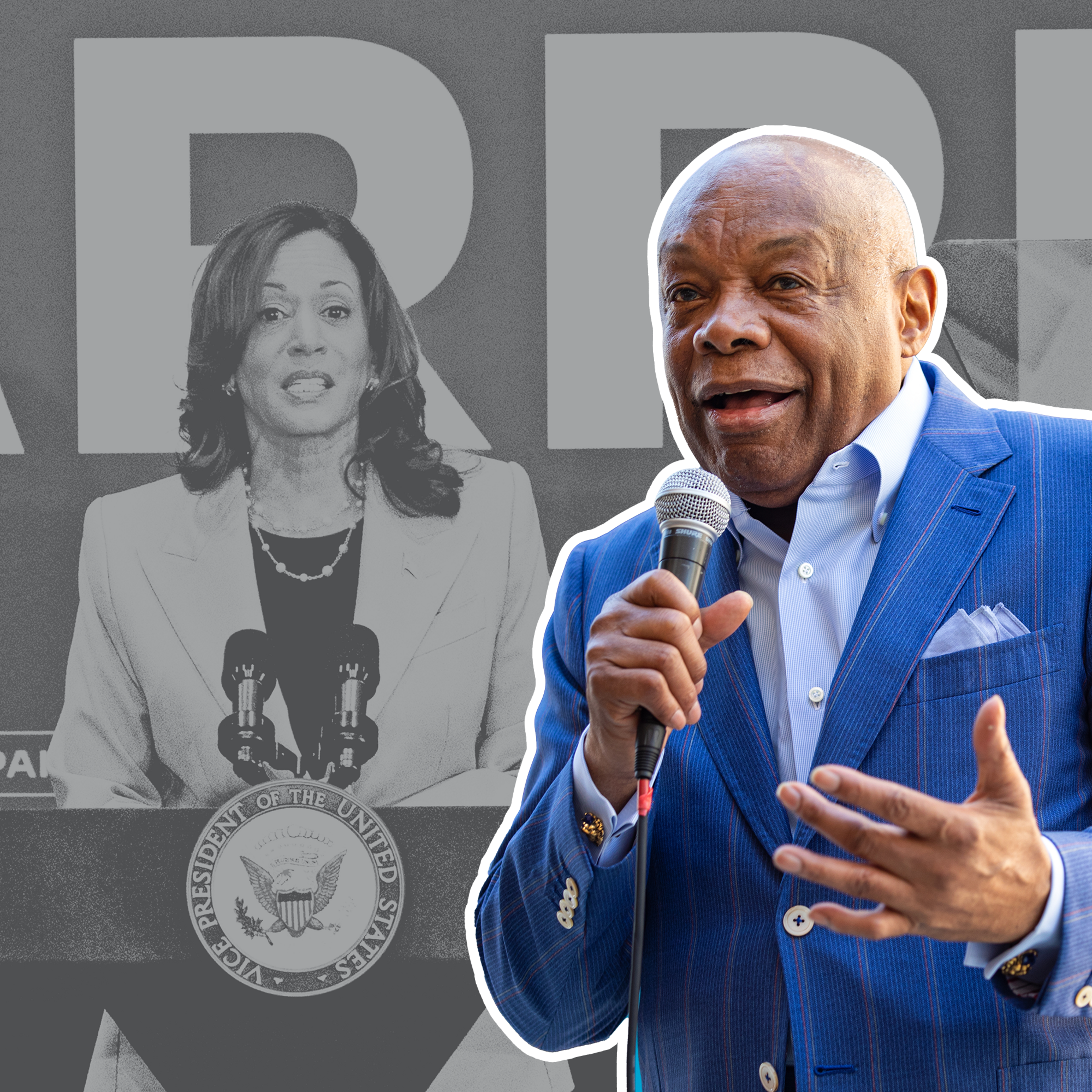 The image shows a man in a blue suit with a microphone in the foreground, and a grayscale background featuring a woman speaking at a podium with a Vice President emblem.