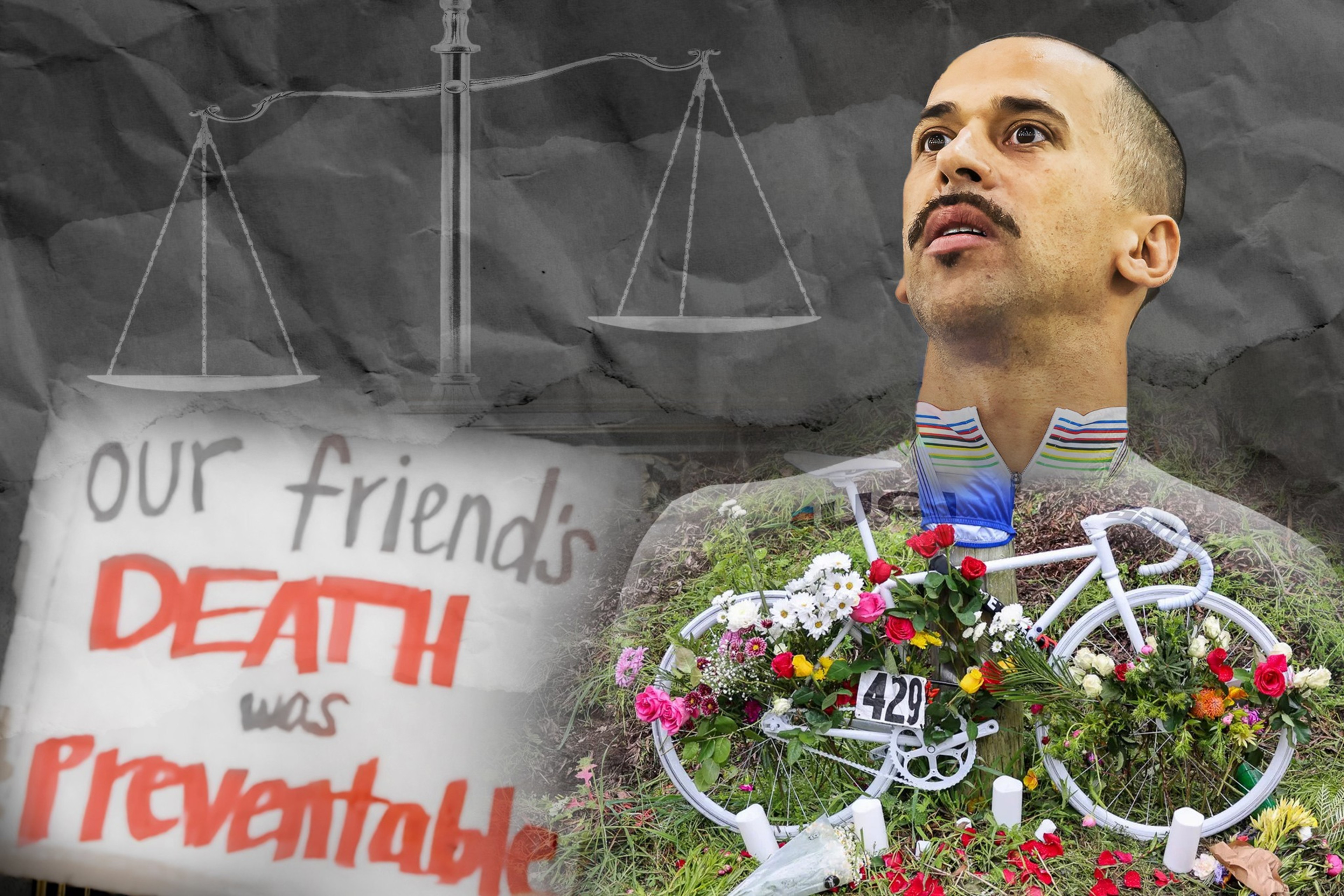 A man's head is superimposed over a memorial featuring a bike adorned with flowers. A sign in the background reads, "Our friend's DEATH was Preventable," beneath a symbol of scales.