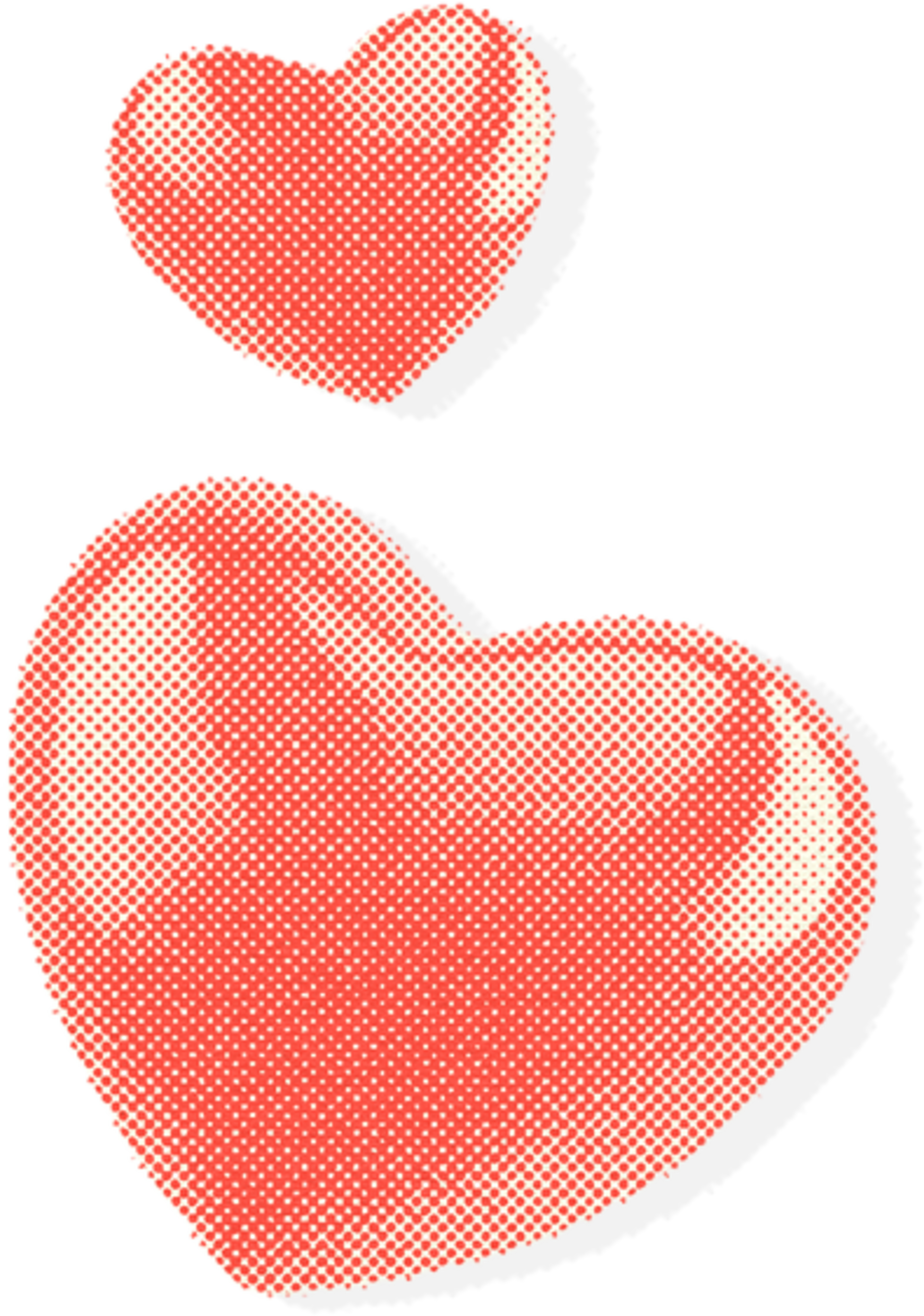 Two red hearts with a halftone dot pattern, one larger at the bottom and a smaller one above it, both having a shiny, reflective appearance.
