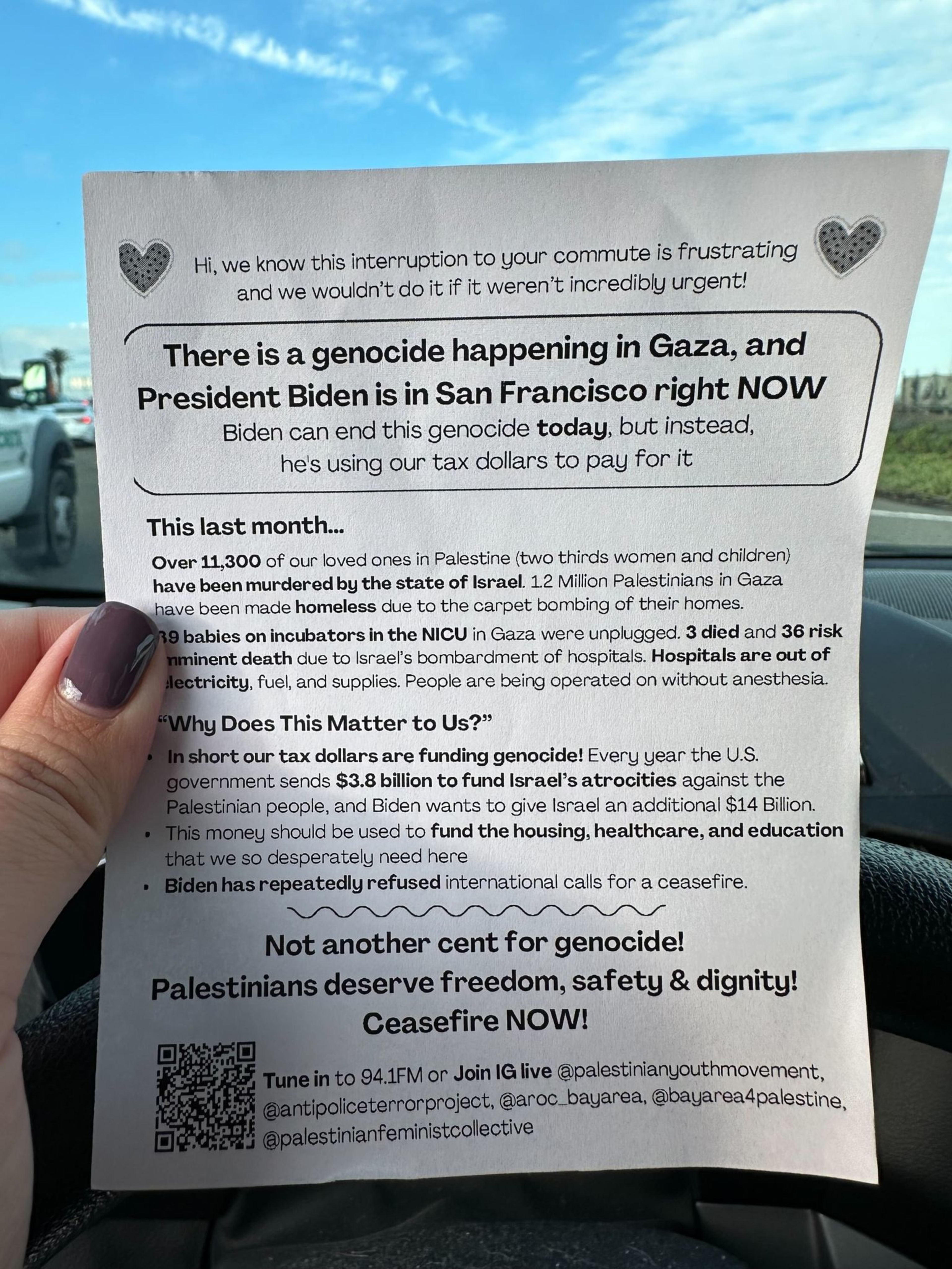 A protest flier has information about the Israel-Hamas war and Gaza invasion, it urges a ceasefire in Gaza.