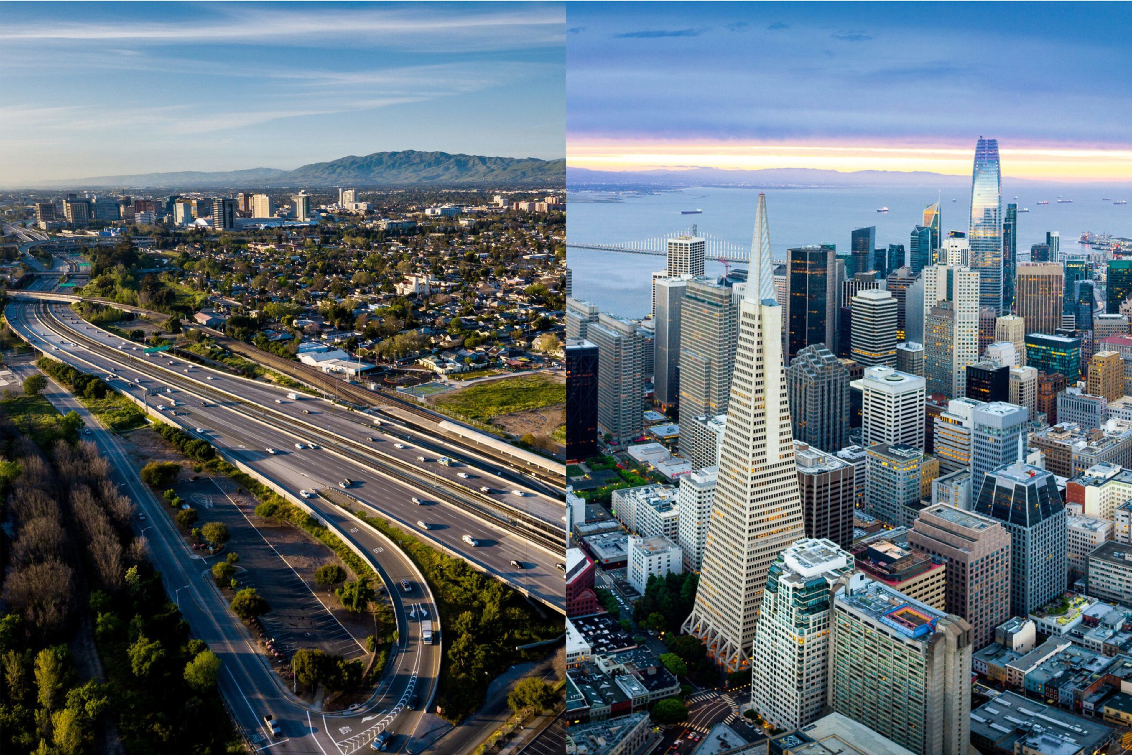 A large freeway with multiple lanes and light traffic runs through a suburban area; a dense urban skyline with tall skyscrapers and a bay is visible in the other half.