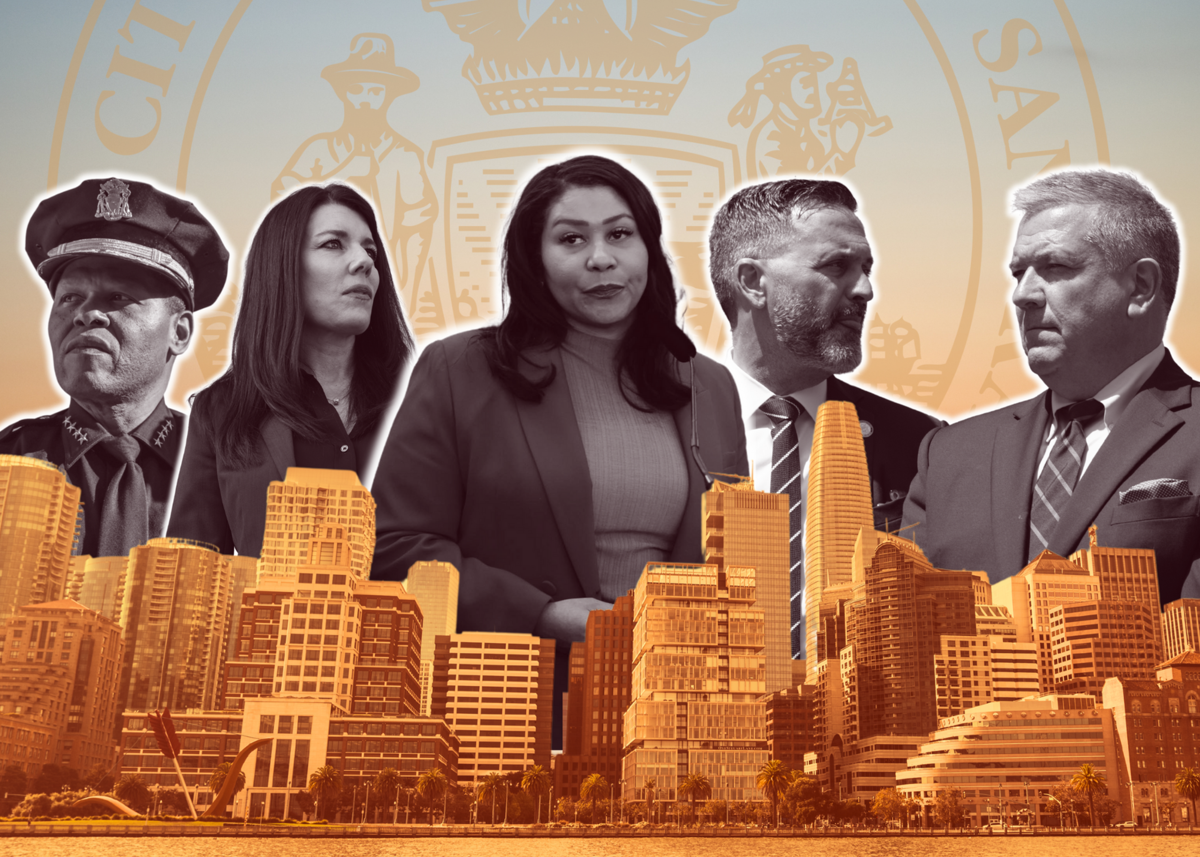A collage of five individuals over a skyline, with a seal-like emblem in the background.