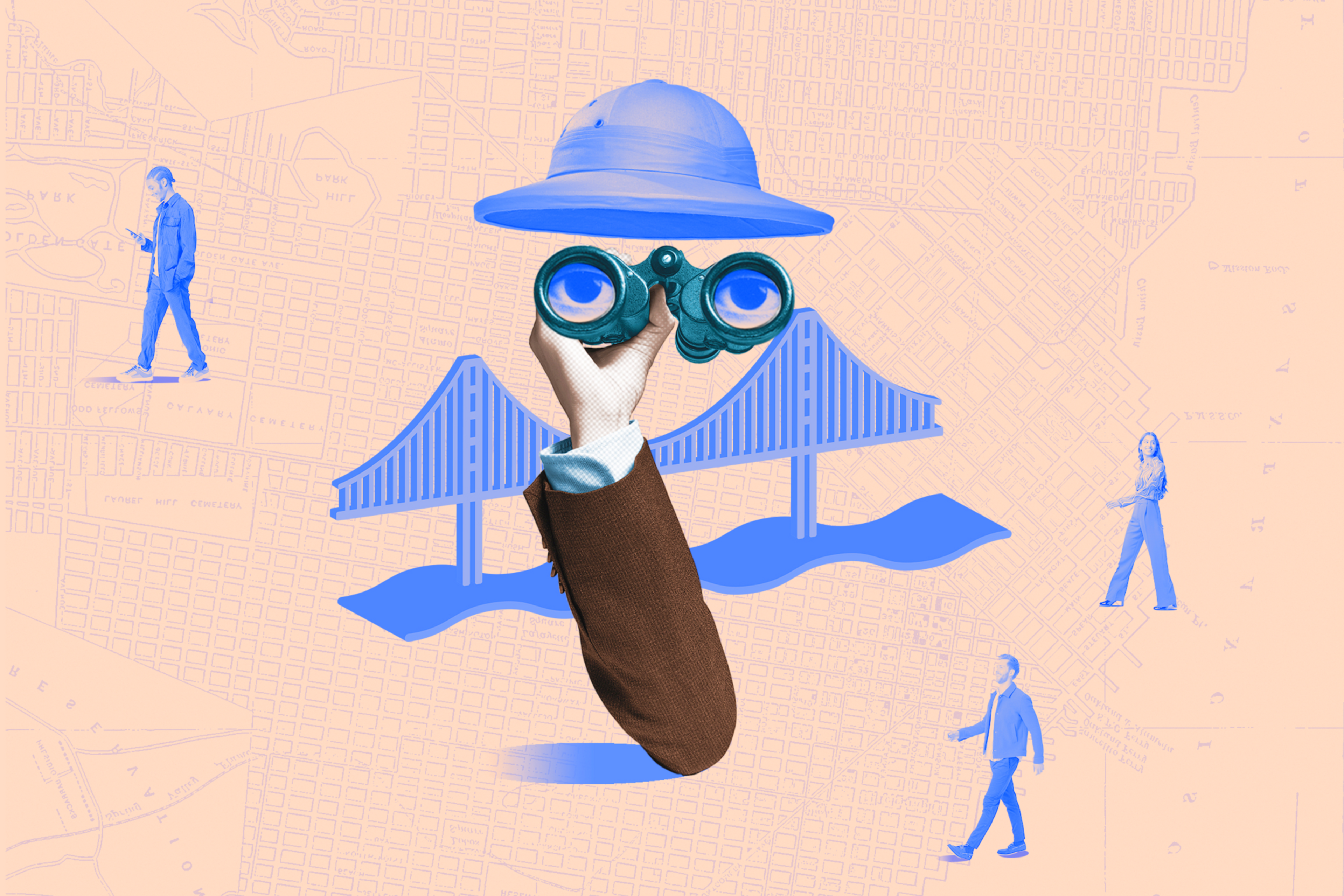 A floating arm in a suit holds binoculars and a blue hat, with a blue bridge and three walking people over a peach city map background.