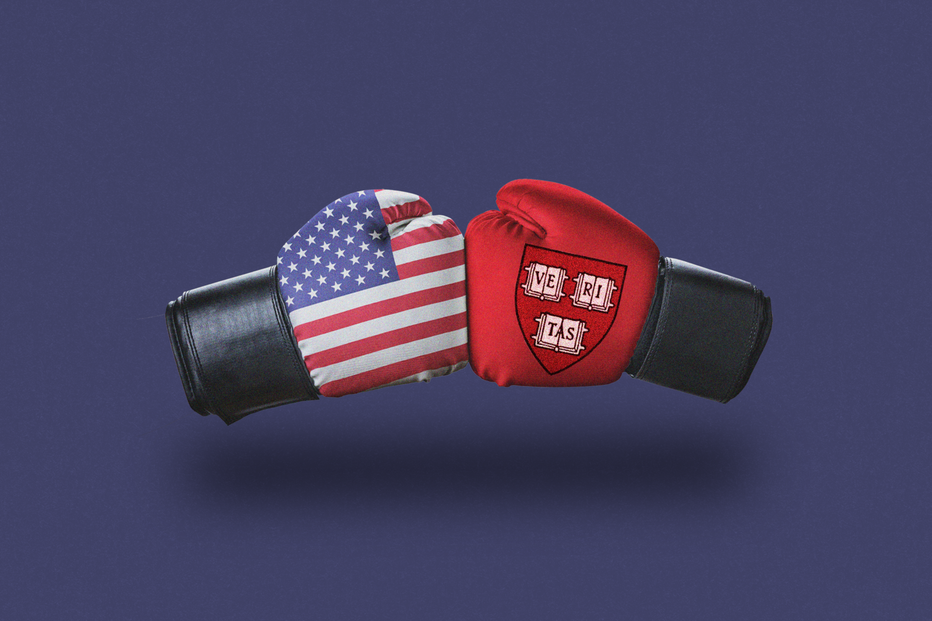 Two boxing gloves face each other: one with an American flag design, the other red with a "VERITAS" crest. Both gloves appear poised to clash.