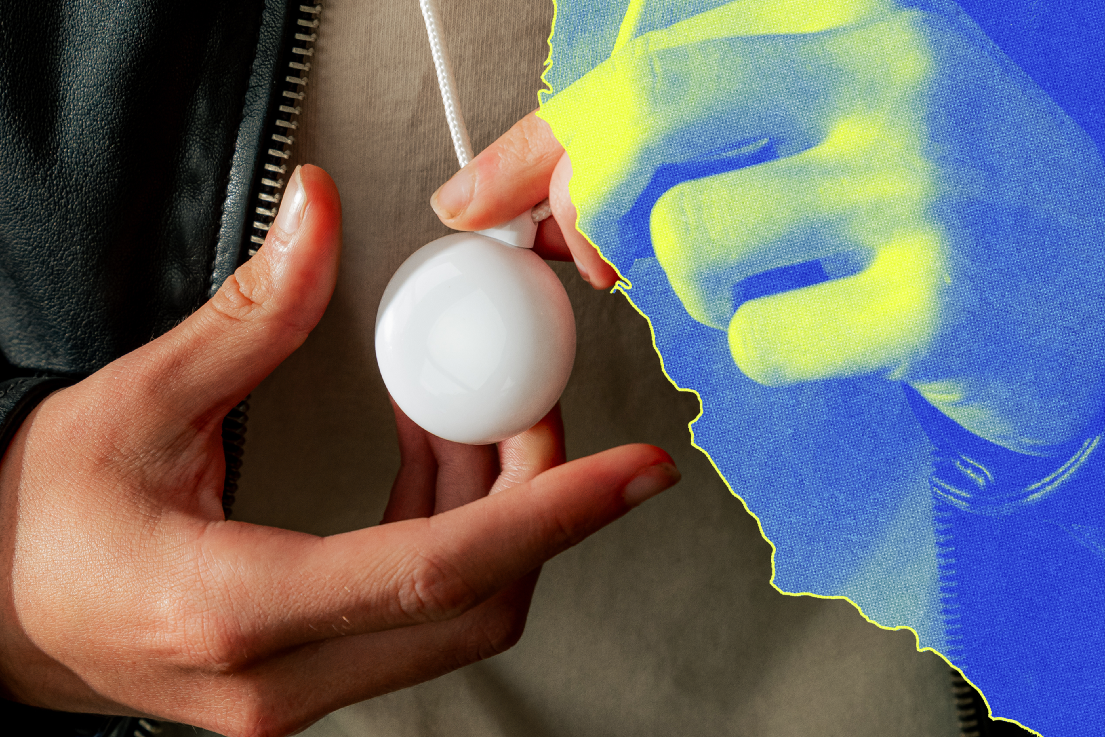 A person holds a round white object with their thumb and forefinger, with a colorful, partially torn overlay highlighting the hand&#x27;s shape.