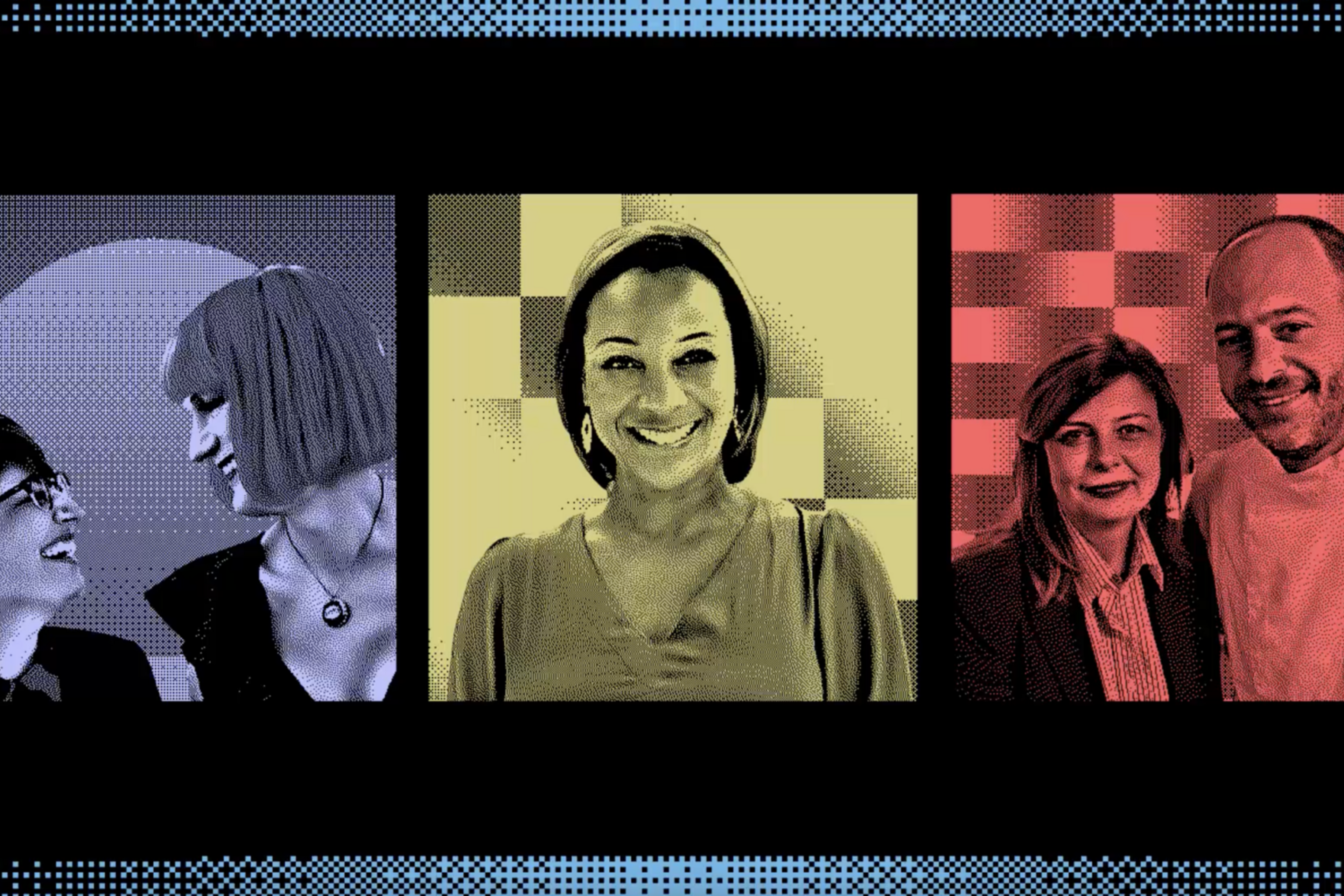 The image shows three portraits: two smiling people in purple, a woman smiling in yellow, and a pair smiling against a red, checkered background.