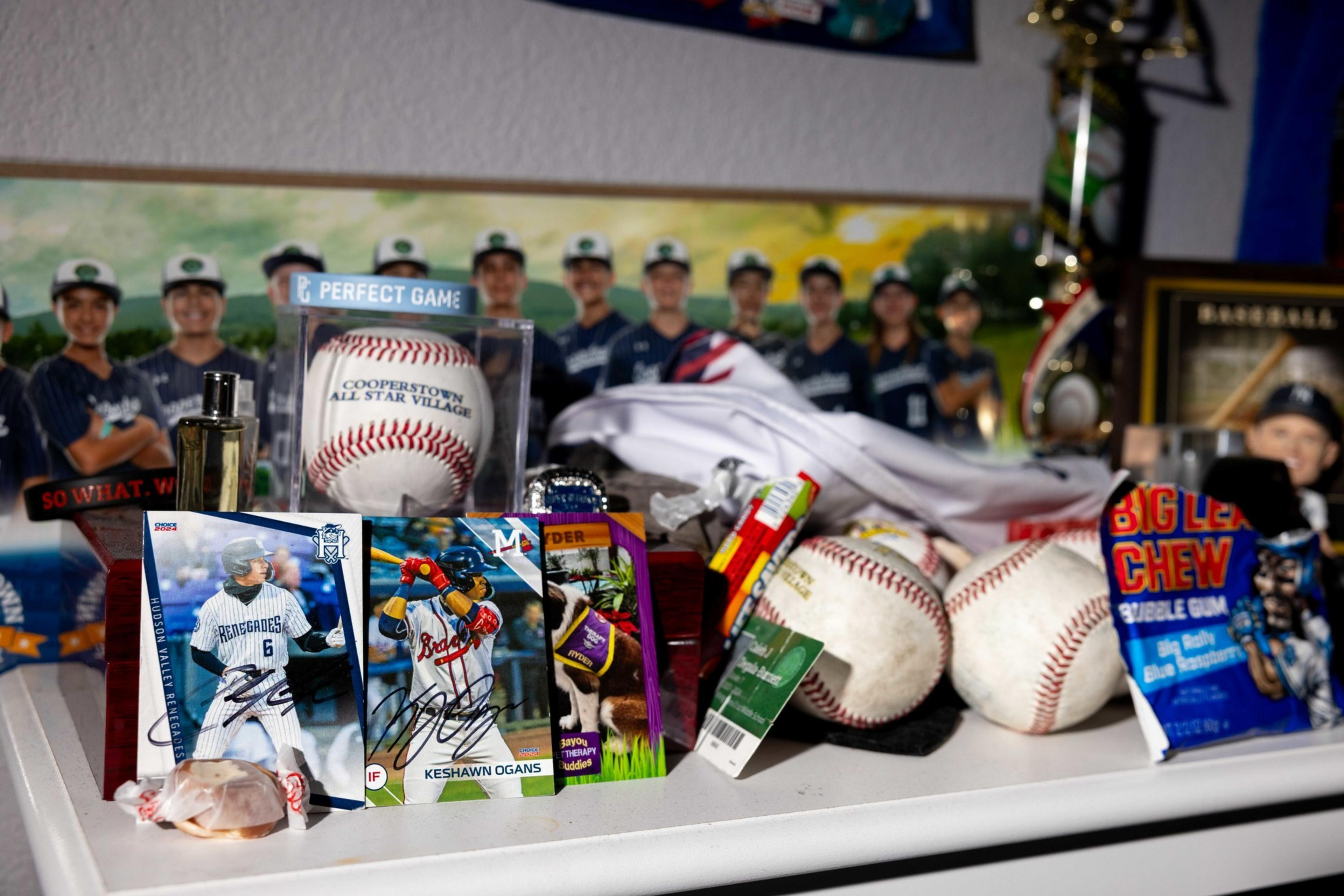 Baseball memorabilia on shelf