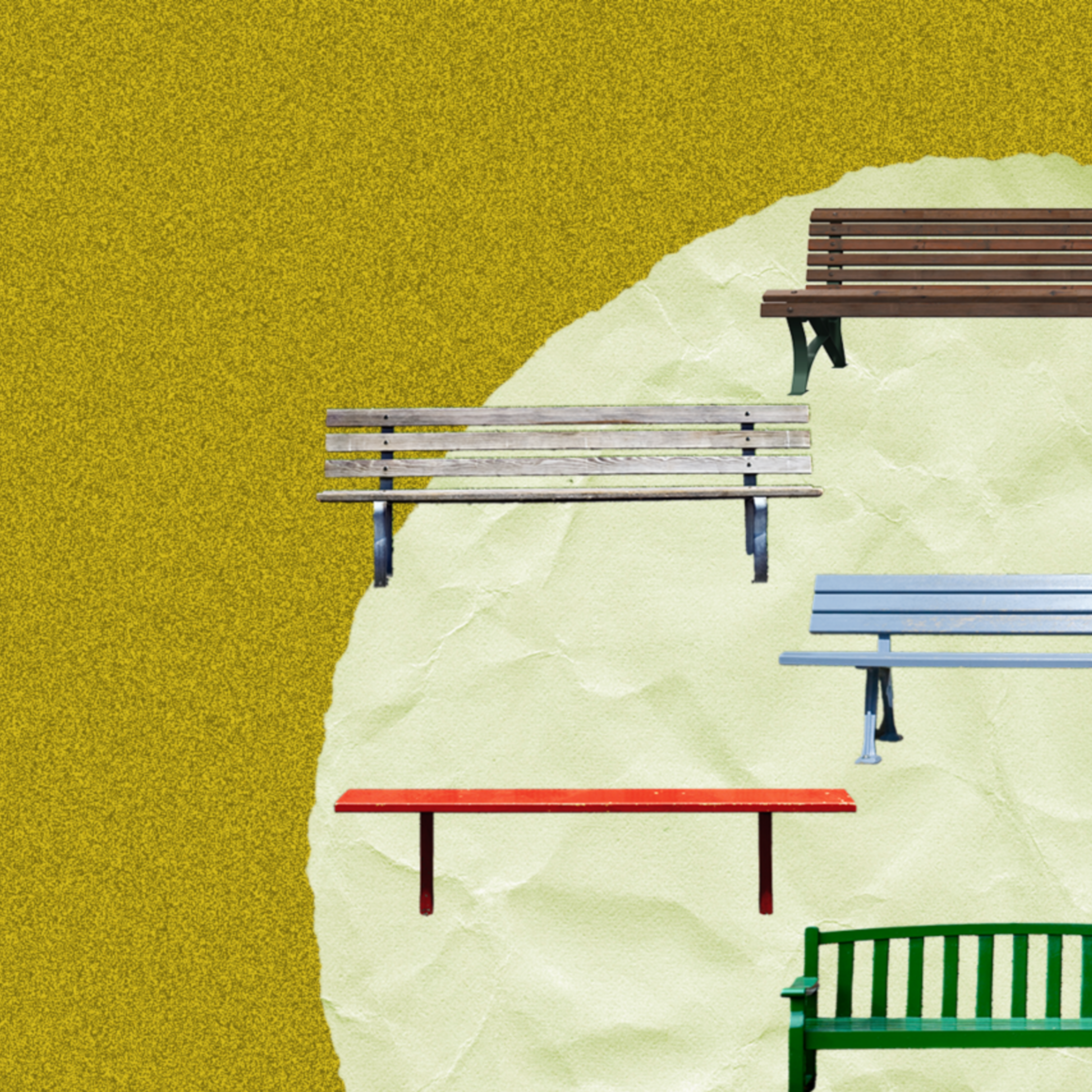 A photo collage of different park benches in multiple colors.