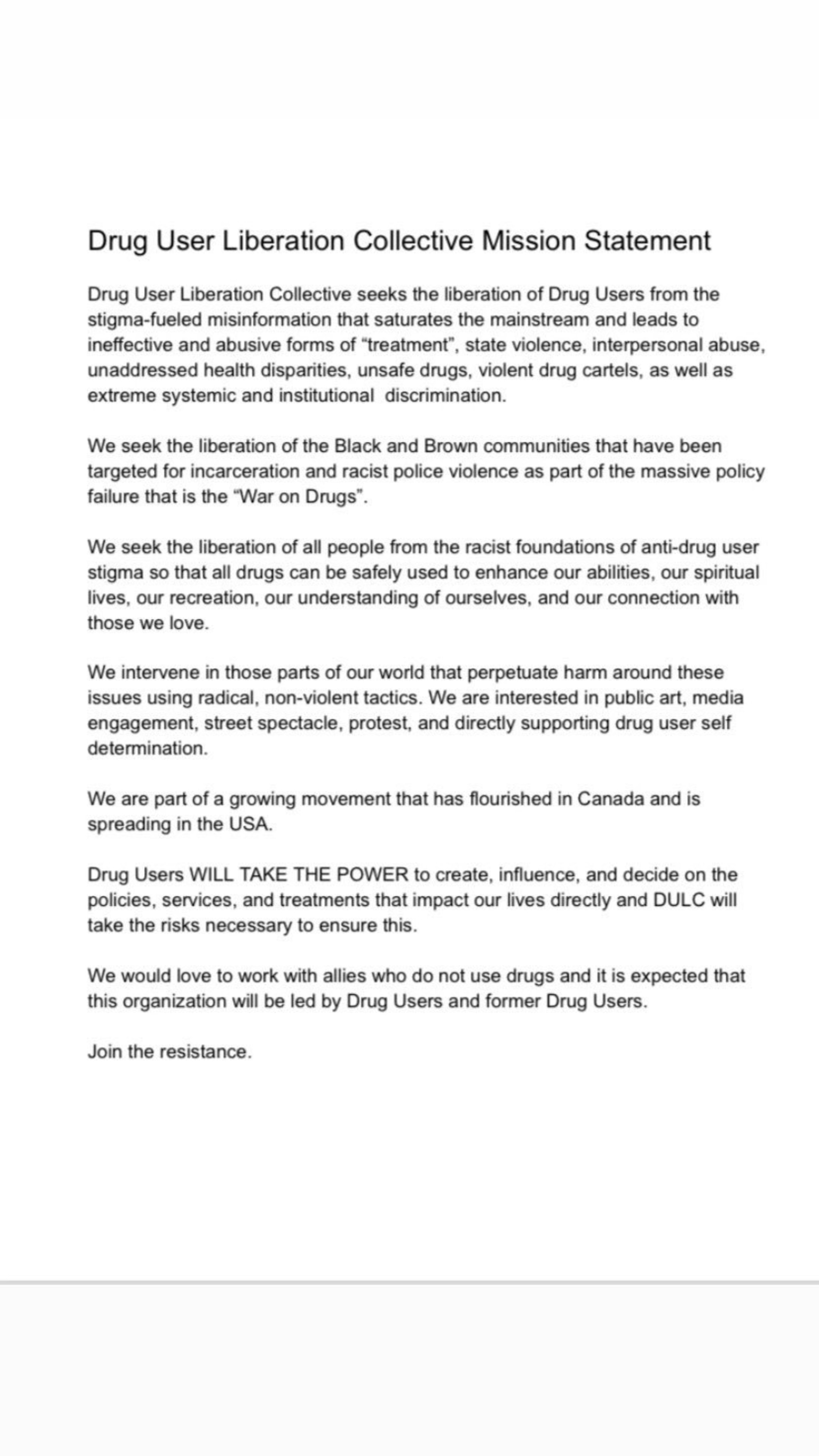 The image shows a written &quot;Drug User Liberation Collective Mission Statement&quot; explaining their goals to support drug users and resist discrimination.