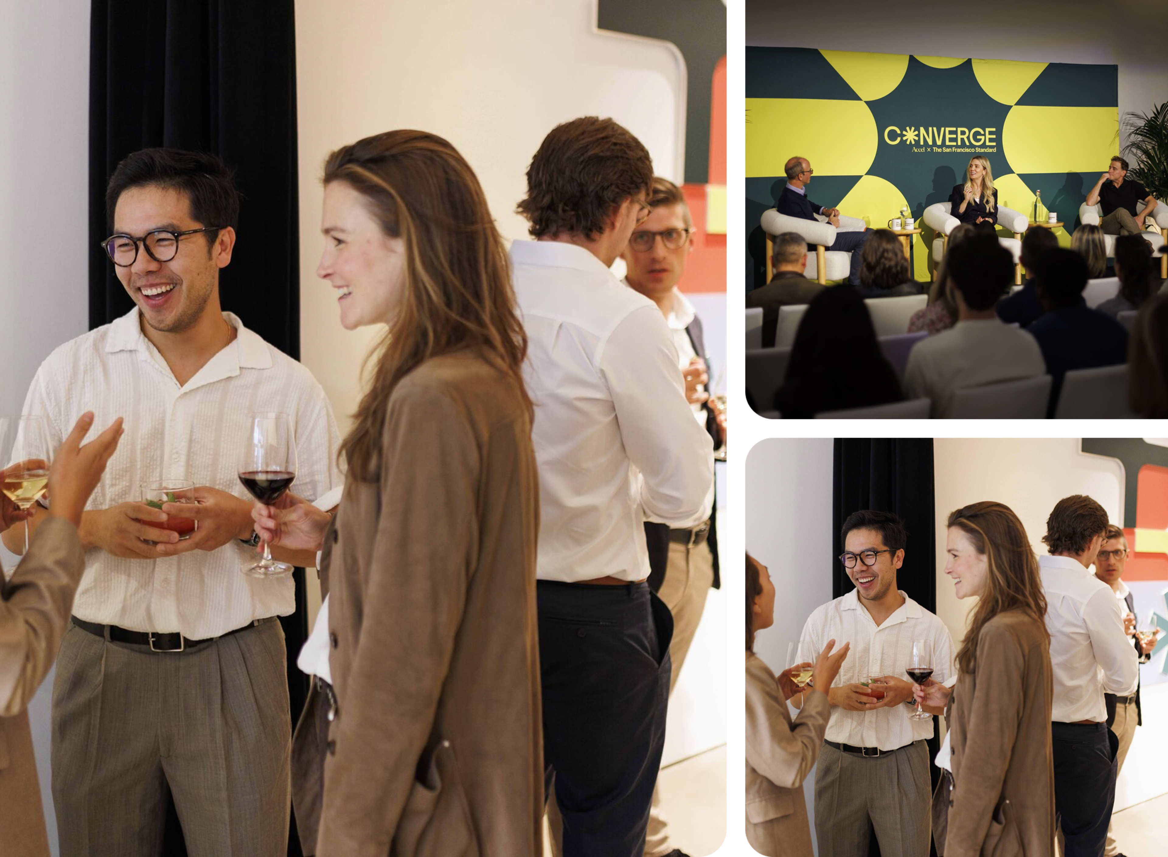 A group of people, some holding drinks, chat casually in front of a stage where three individuals sit in a panel discussion under a "CONVERGE" banner.