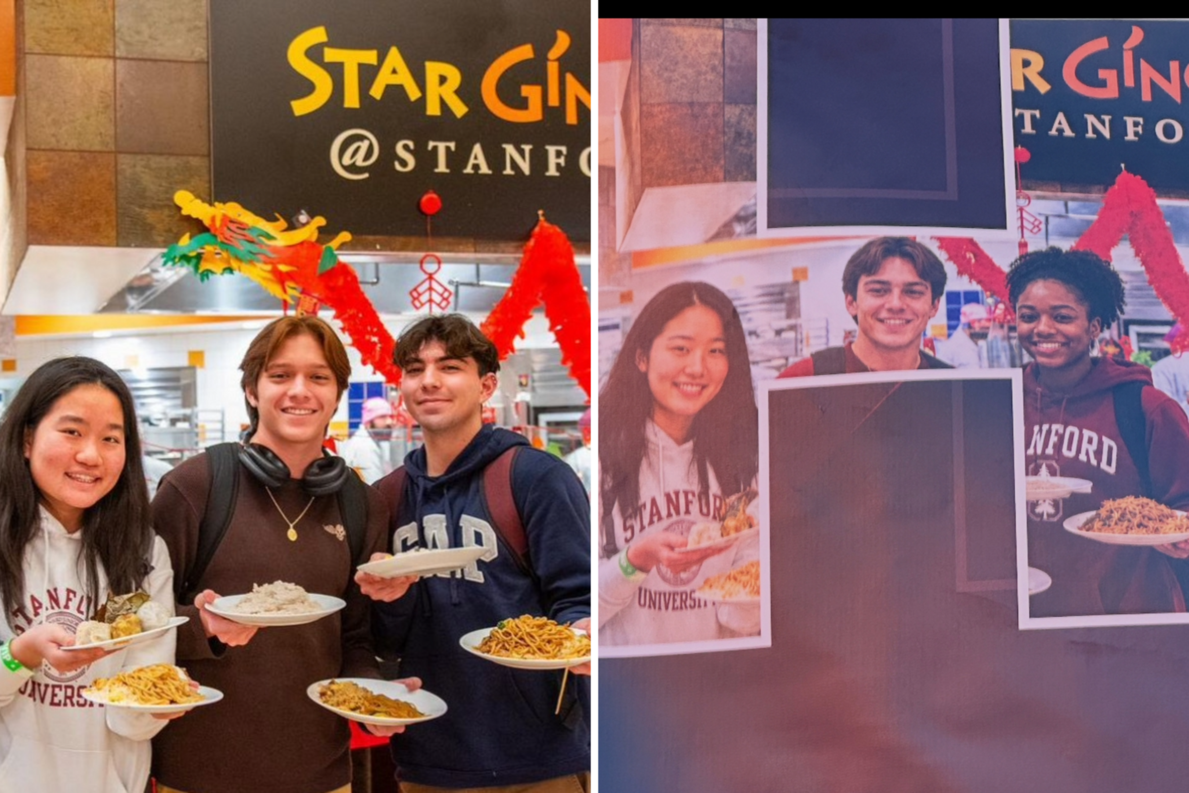Three young people stand in front of a Star Ginger food booth, holding plates of Asian dishes and smiling at the camera.